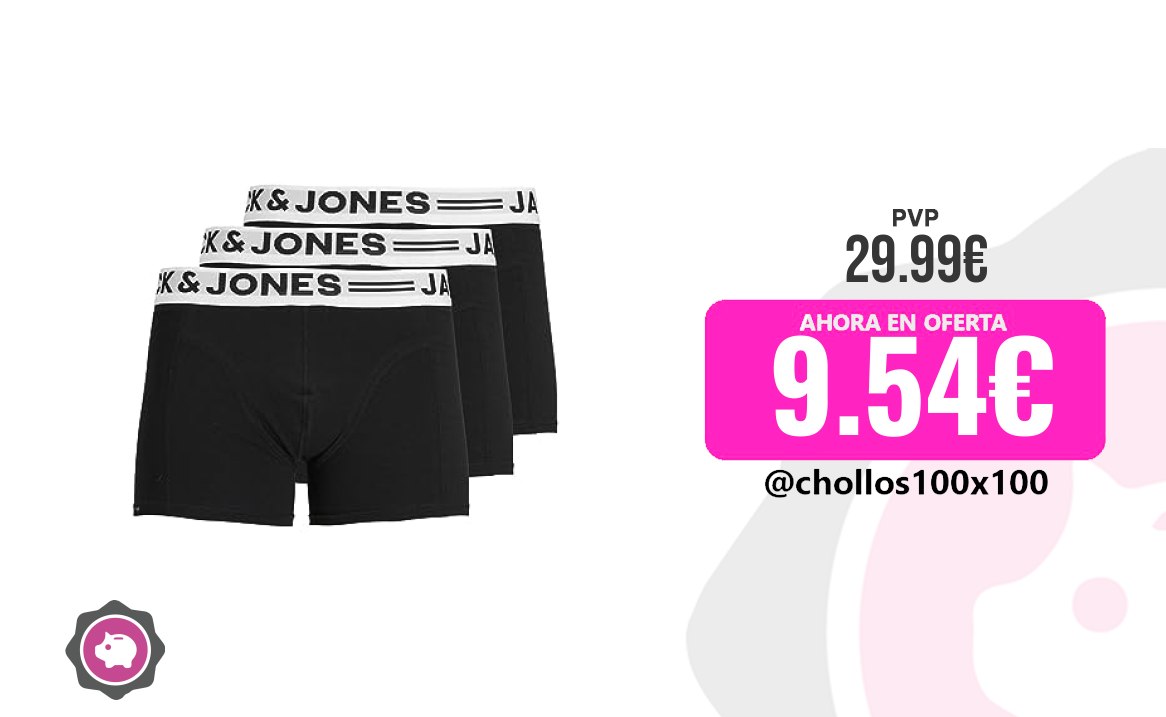 Jack & Jones Jack & Jones Sense Trunks 3-Pack Bóxer, Negro, Large (Pack