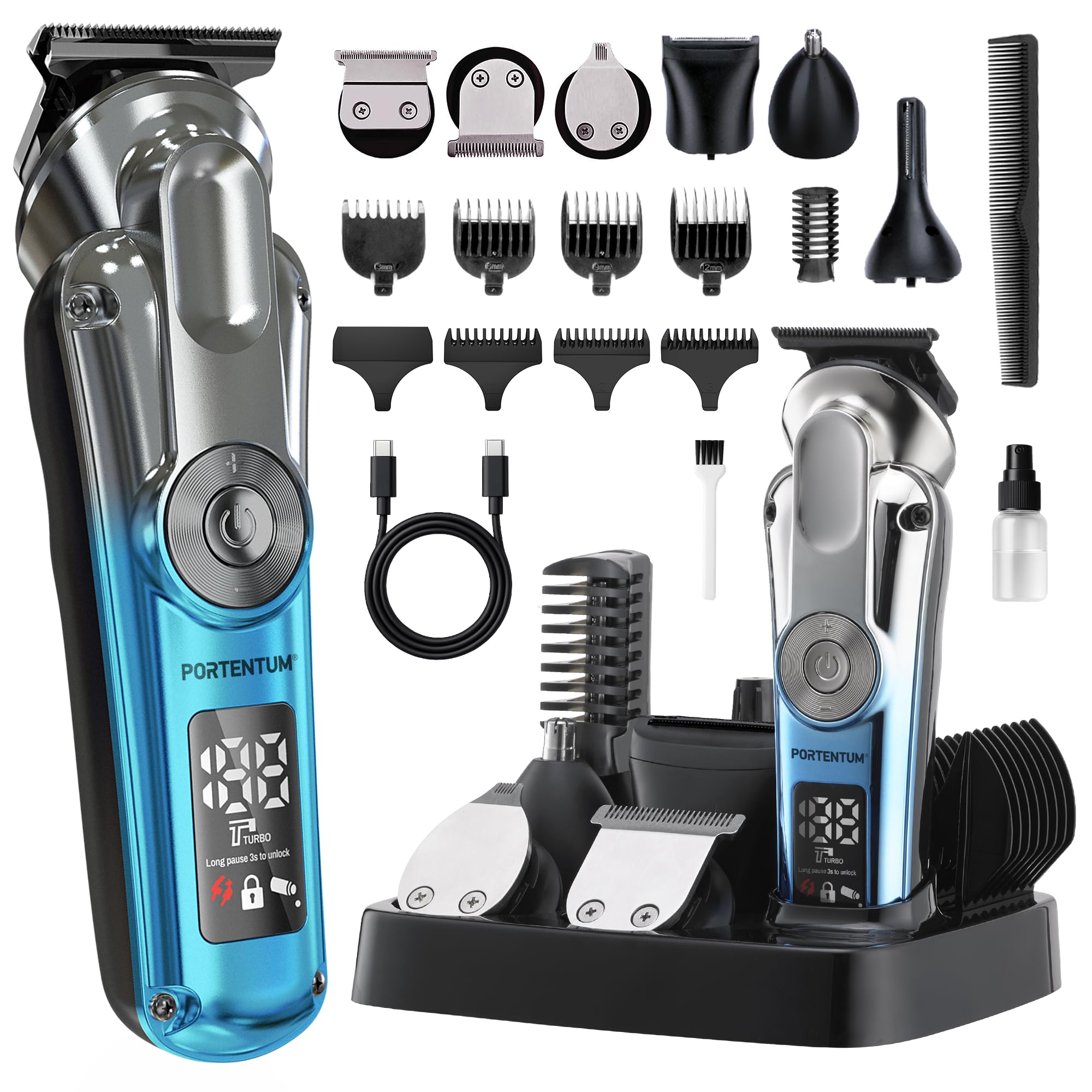 PORTENTUM Maquina de cortar pelo hombre – Set de 21– LED – Trimmer facial y corporal – Af