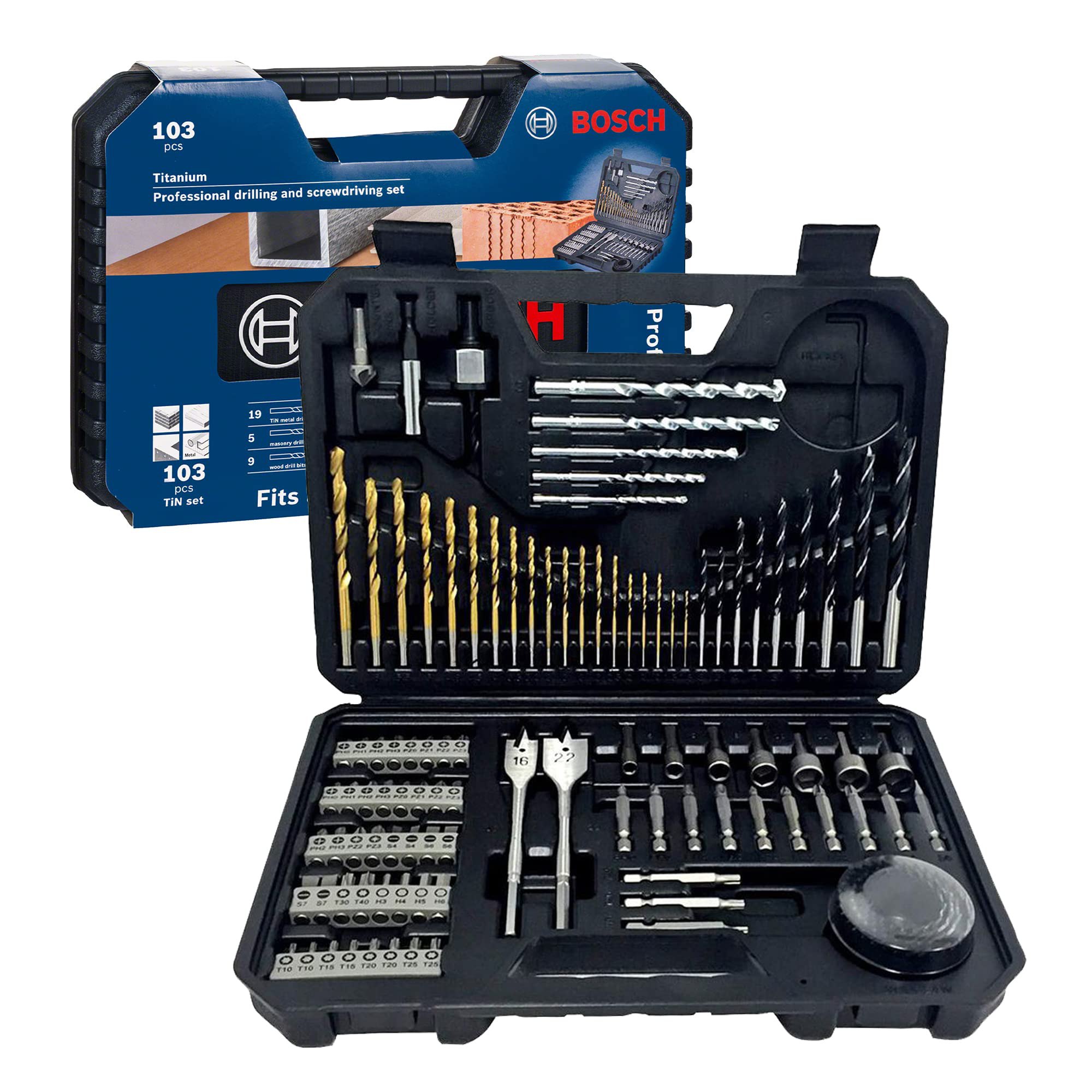 Bosch Juego de 103 piezas mixtas de brocas y puntas de atornillar de titanio (para madera, piedra
