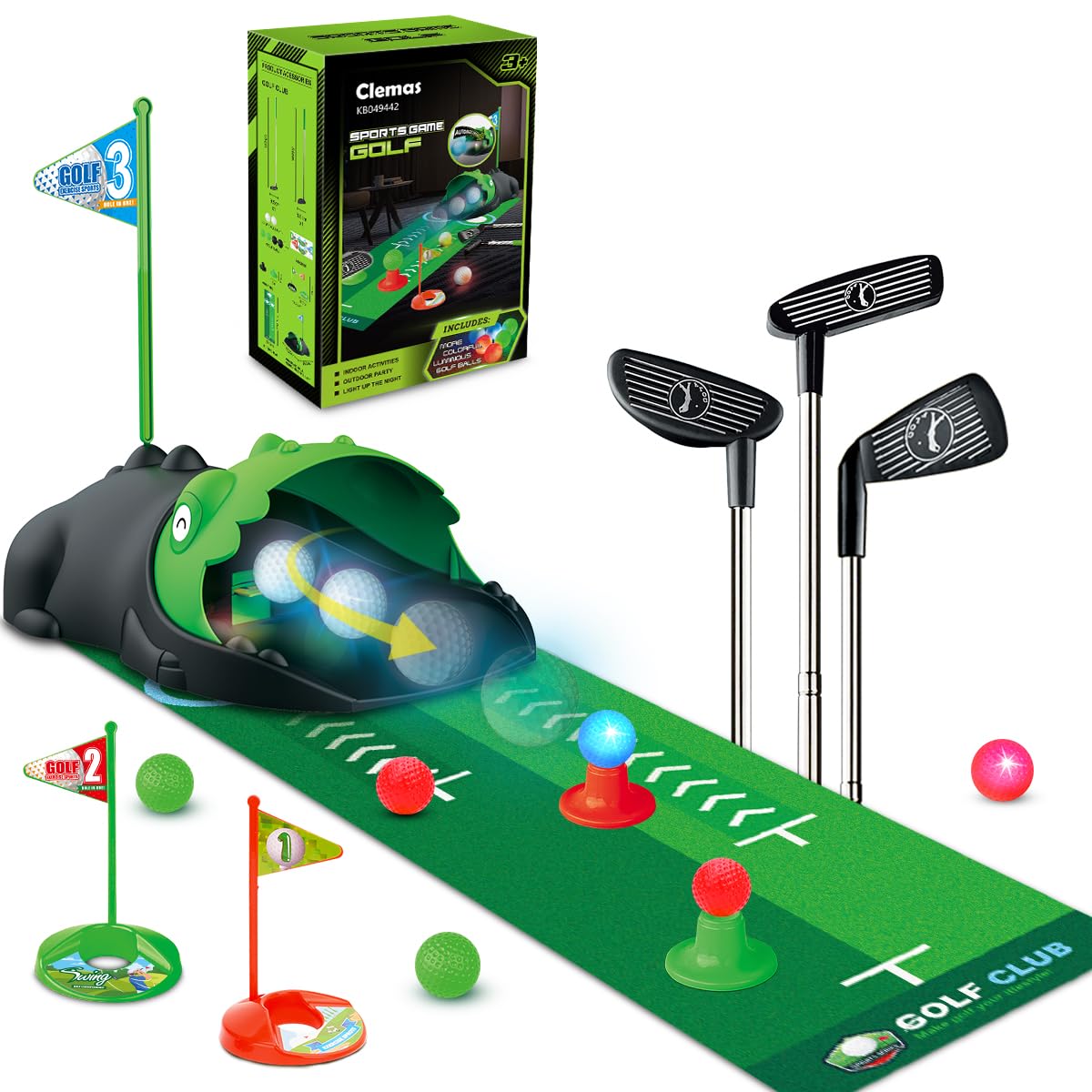 Clemas Set de Golf para Niños Devolvedor Automático de Bolas Dinosaurio, Pelotas de Golf Lumino