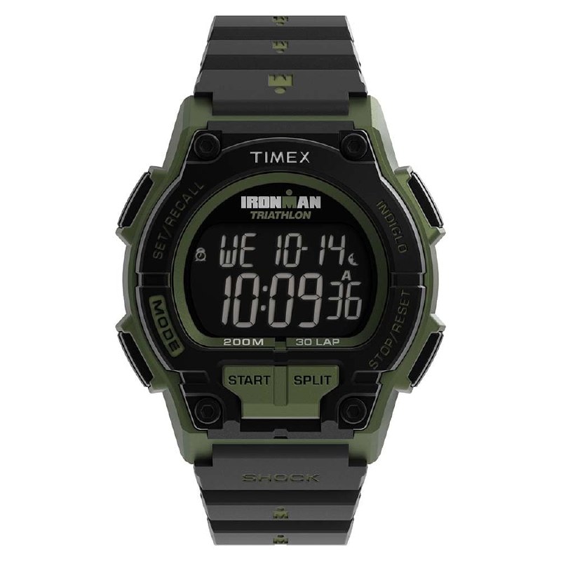Timex Ironman Classic Reloj para Hombre, Correa de Resina Negra, Esfera Digital, Caja Verde, 42 m