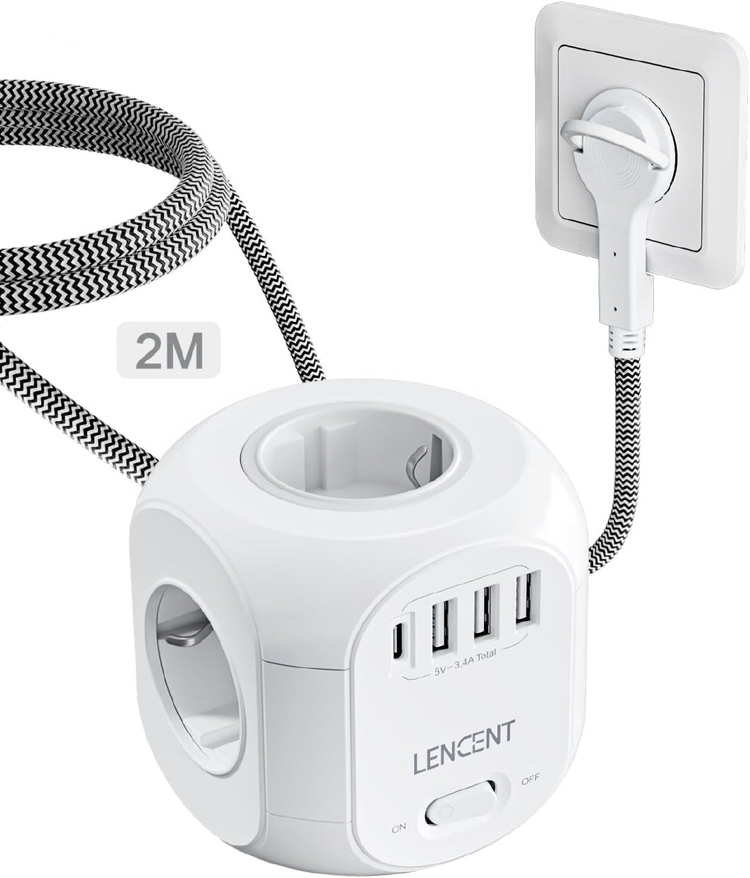 LENCENT Cubo Regleta Enchufes 2M con Enchufe Plano Regleta para Uso Interior, Regleta Enchufes Pl