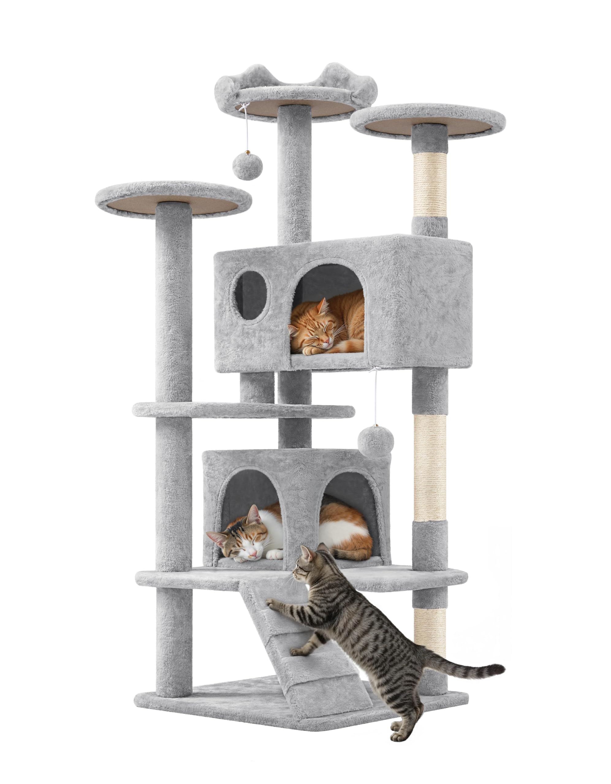 Yaheetech Árbol Rascador para Gatos 139cm con 3 Plataformas 2 Nidos 2 Pompones Torre de Escalada