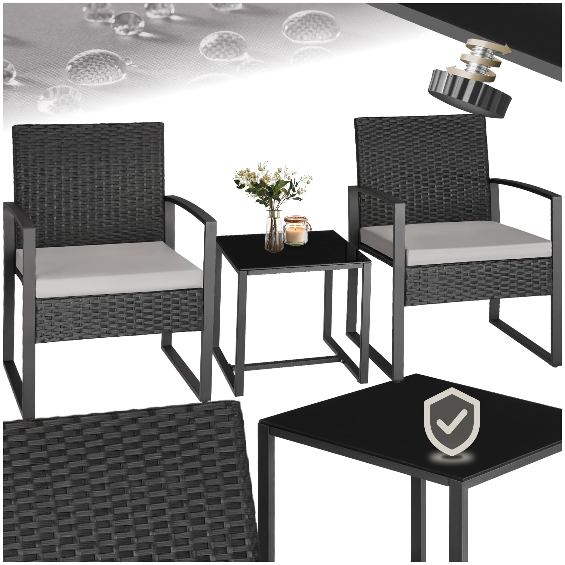 TecTake® Conjunto Jardín Exterior para 2 Personas, Muebles de Jardin 2 Sillas Ratán con Cojine