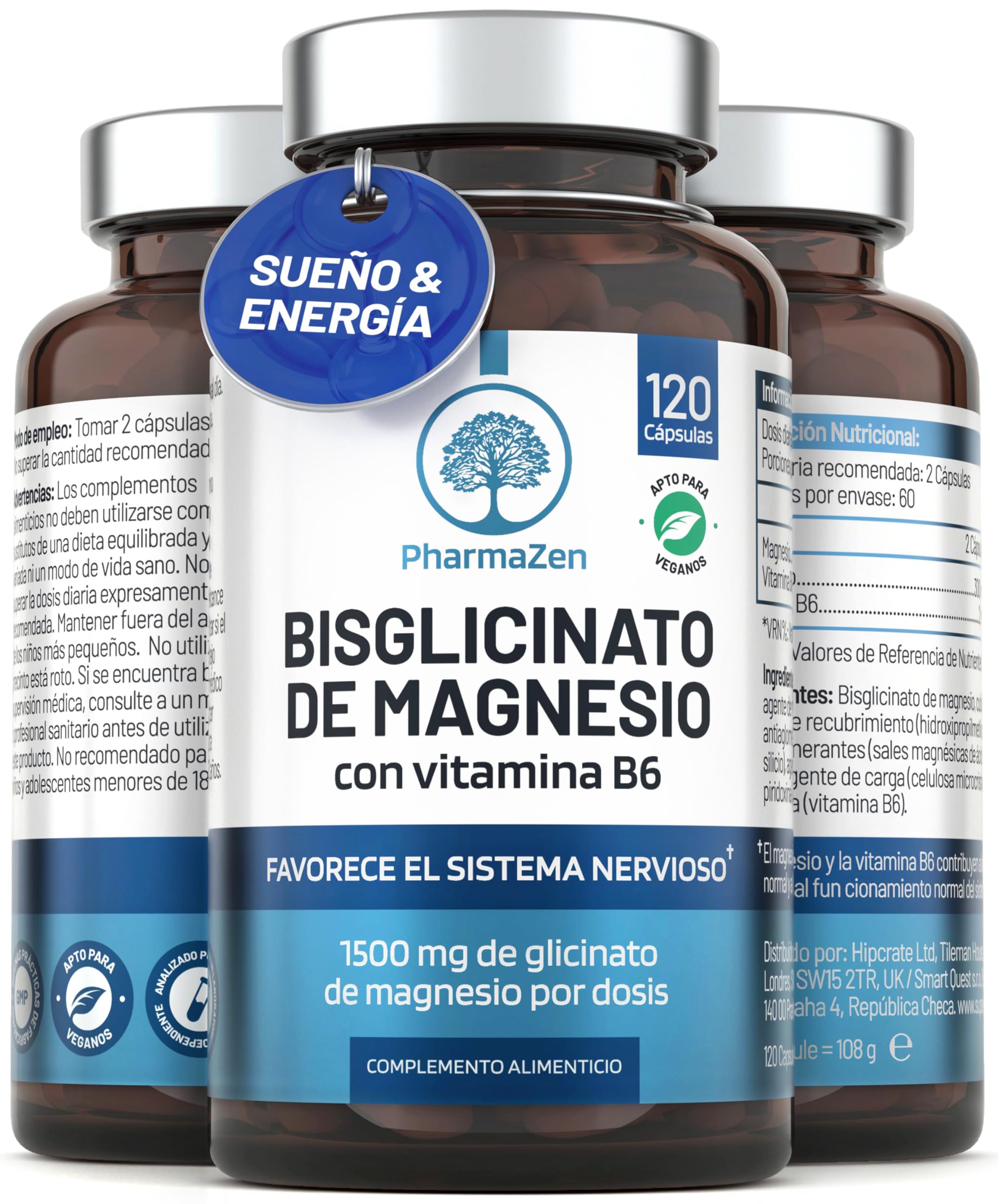 Bisglicinato de Magnesio 1500 mg - Sueño y energía - 300 mg de magnesio puro con vitamina B6
