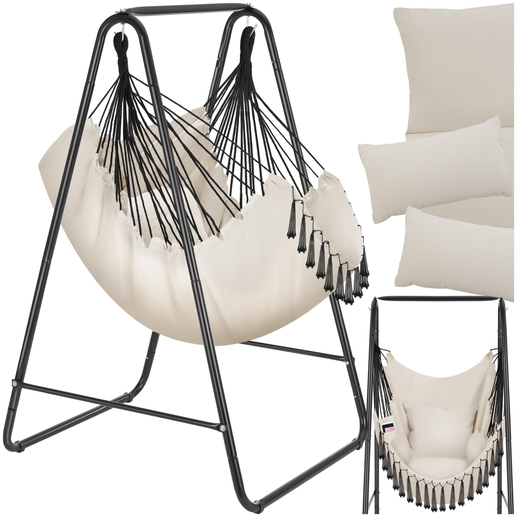 Silla Colgante Boho, Estructura De Acero, Borlas Decorativas, Cojines Gruesos, Bolsillo Lateral