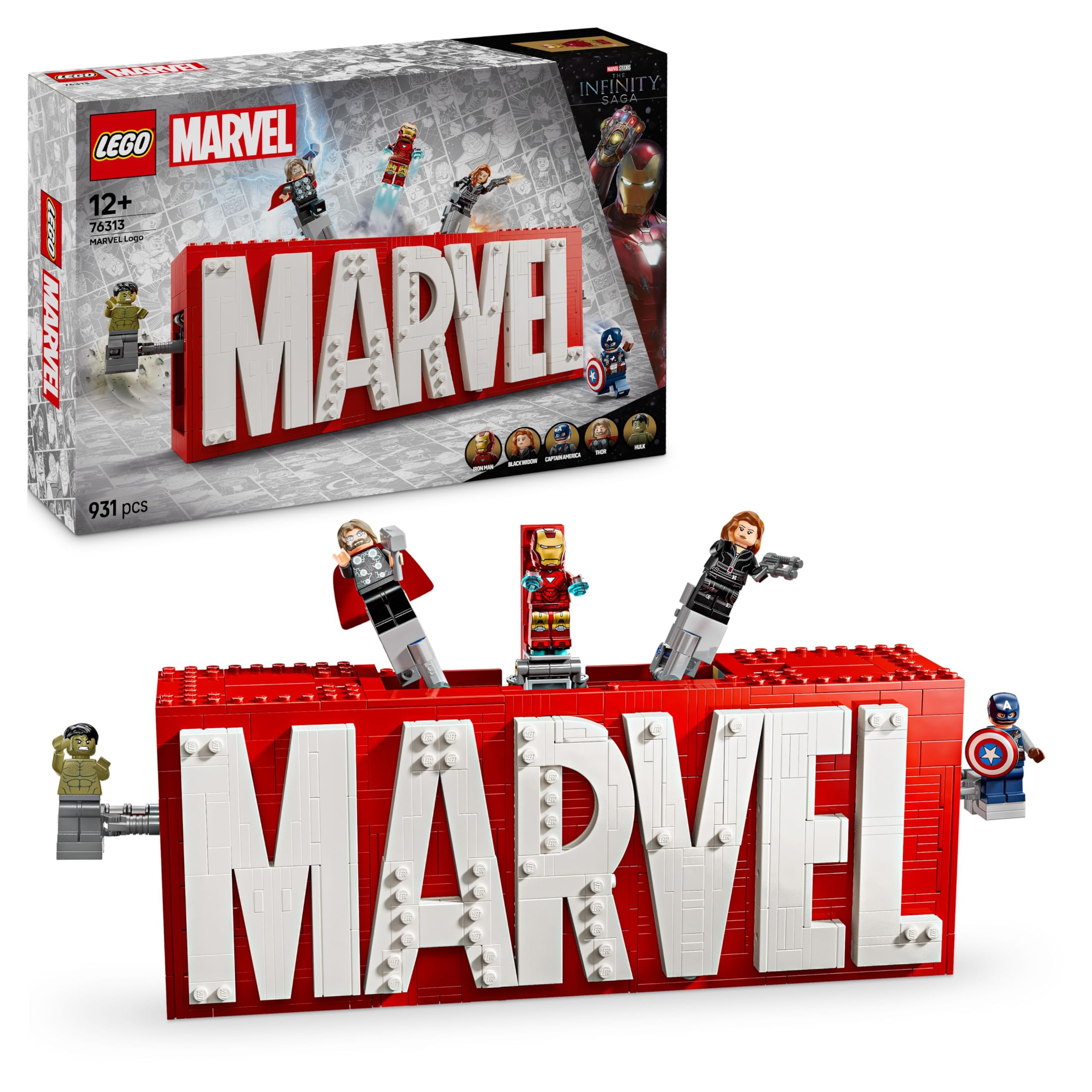 LEGO Marvel: Logotipo MARVEL y Minifiguras de Vengadores Capitán América, Hulk, Thor, Iron-Man