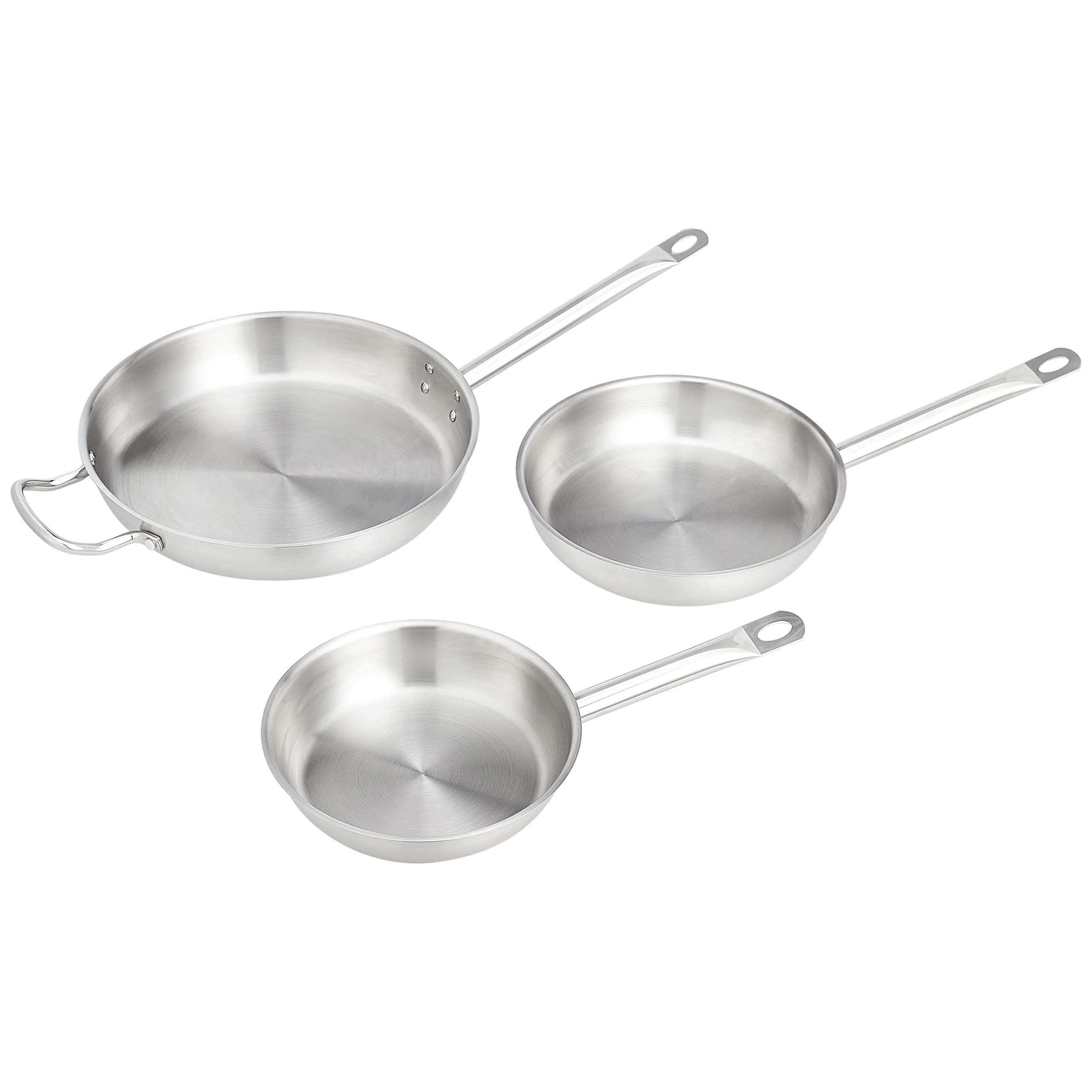 Amazon Basics Juego de 3 sartenes de acero inoxidable con revestimiento de aluminio, aptas para h