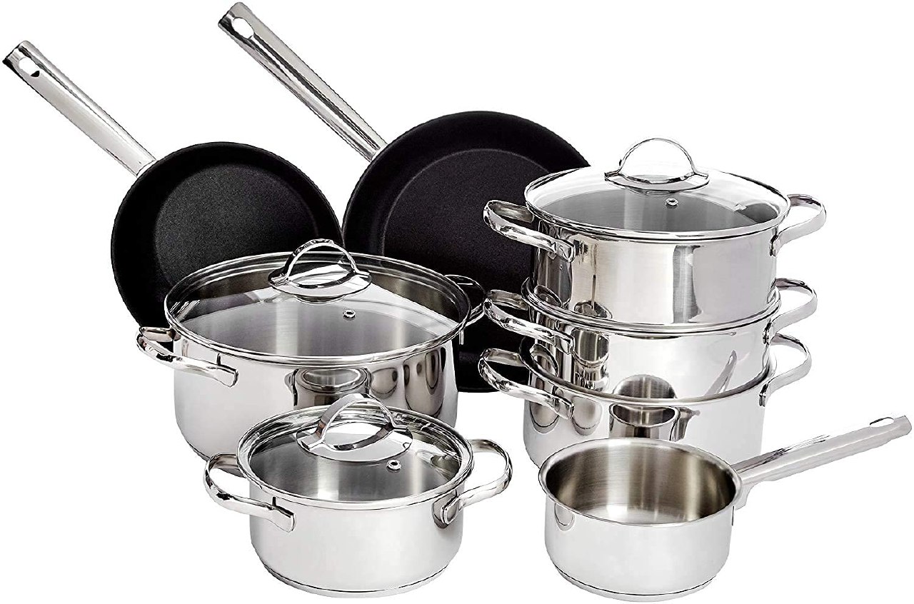 Amazon Basics Sartenes y Ollas para Cocina de Inducción, 11 Piezas, Acero Inoxidable, con Tapas