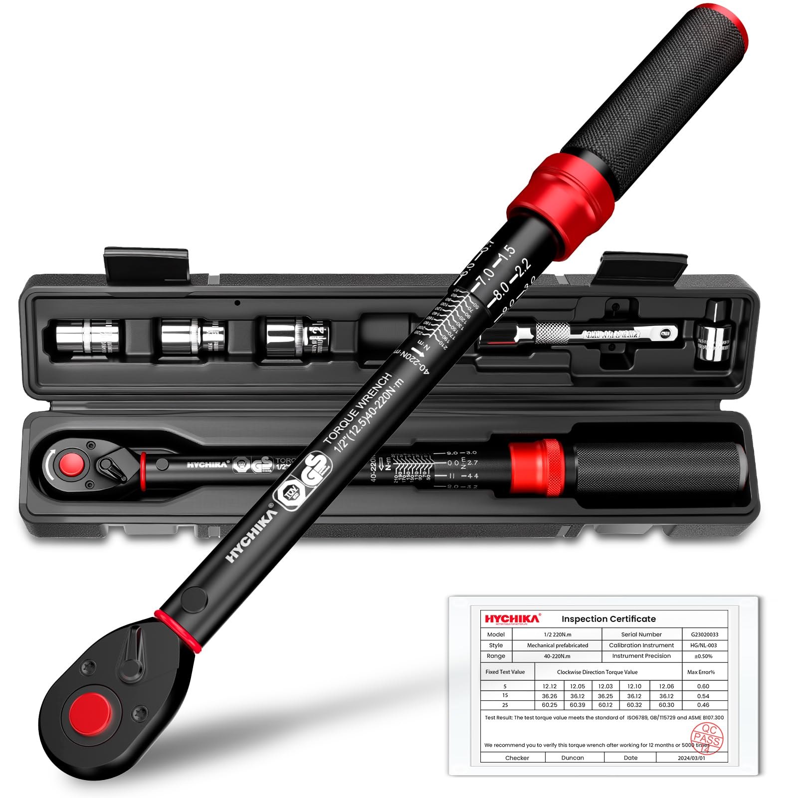 HYCHIKA Llave Dinamométrica 1/2" 40-220 Nm - Precisión ±2%, 72 Dientes Doble Sentido para Coch