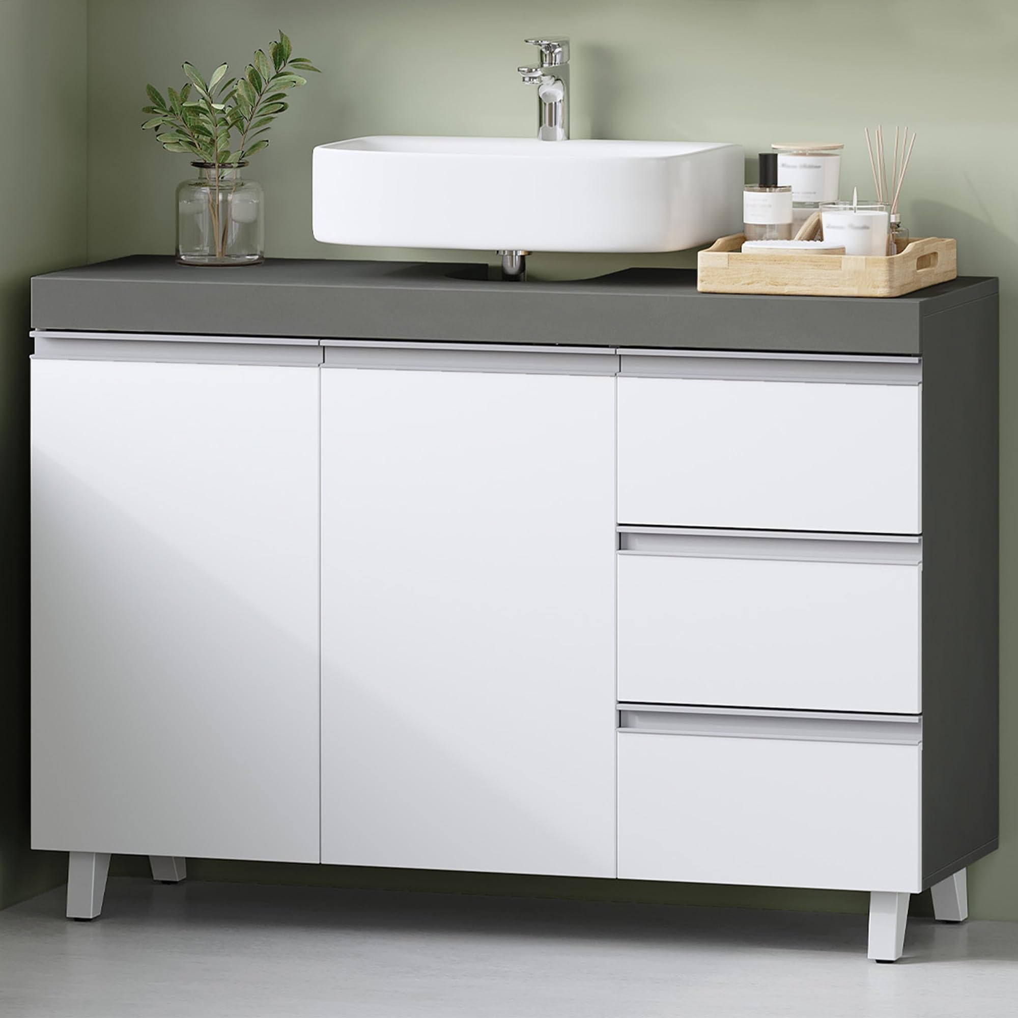 Hzuaneri Mueble Bajo Lavabo, Armario de Baño, 3 Cajones, 2 Puertas, con Pies, 30 x 90 x 64 cm, E