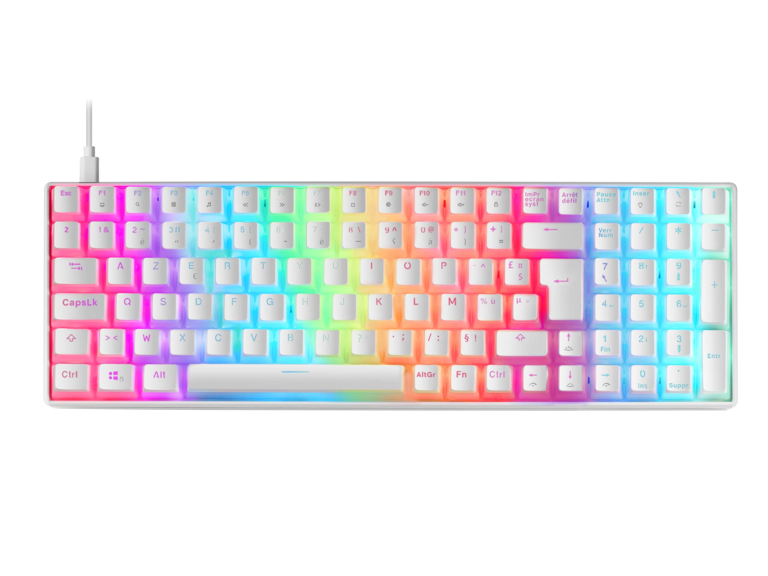 Mars Gaming MKULTRA, Teclado Mecánico Blanco RGB, Compacto 96%, Switch Outemu SQ Azul, Idioma Fr