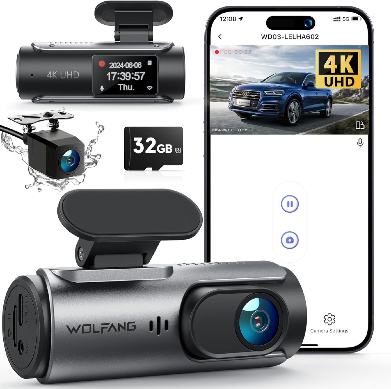 WOLFANG Cámara de Coche Delantera y Trasera 4K UHD, Dashcam de Doble Lente para Coches de 170º