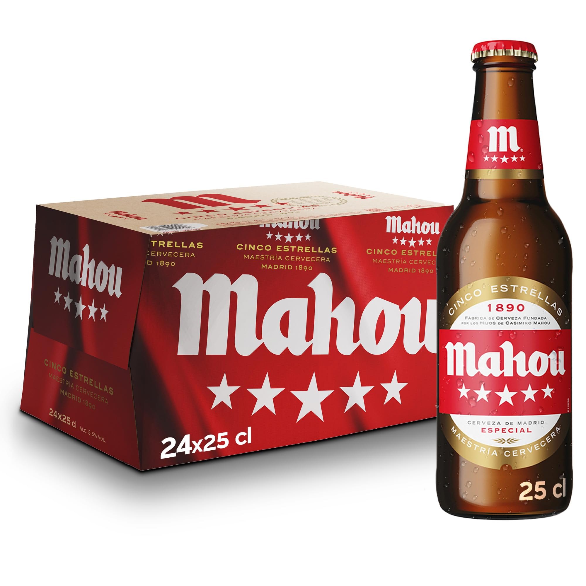 Mahou 5 Estrellas, Pack de 24 Botellas x 25 cl, Cerveza Especial Dorada Lager Con Sabor 5 Estrell