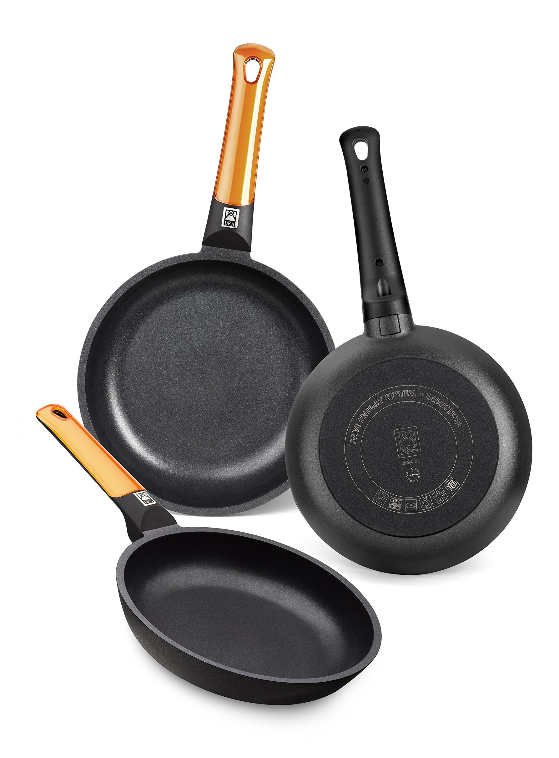 BRA Efficient Orange Set de 3 Sartenes de Aluminio Fundido, 18/22/26 cm de Diámetro, Antiadher