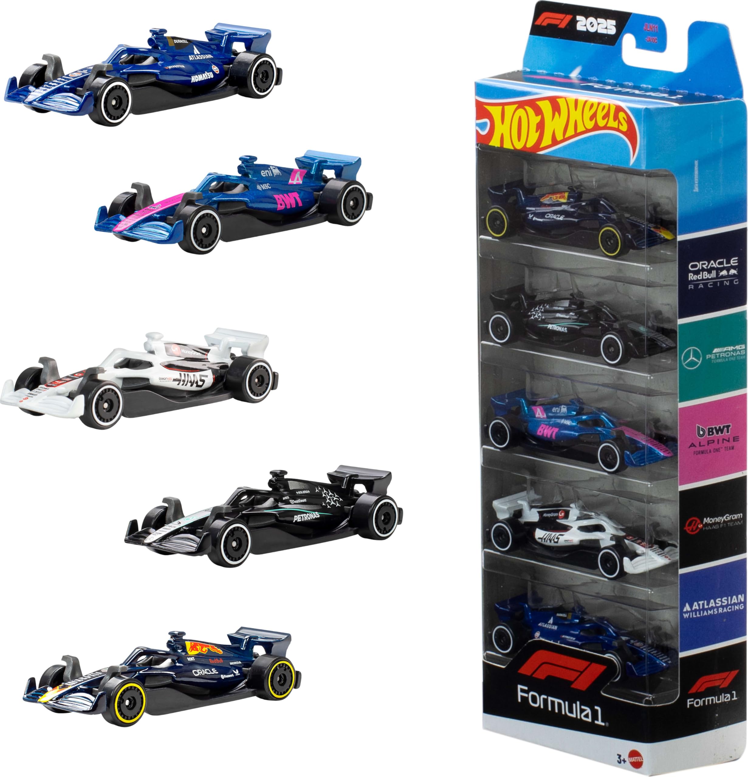 Hot Wheels Formula 1 Pack de 5 Coches de Juguete metálicos a Escala 1:64, Conjunto de 5 Coches c