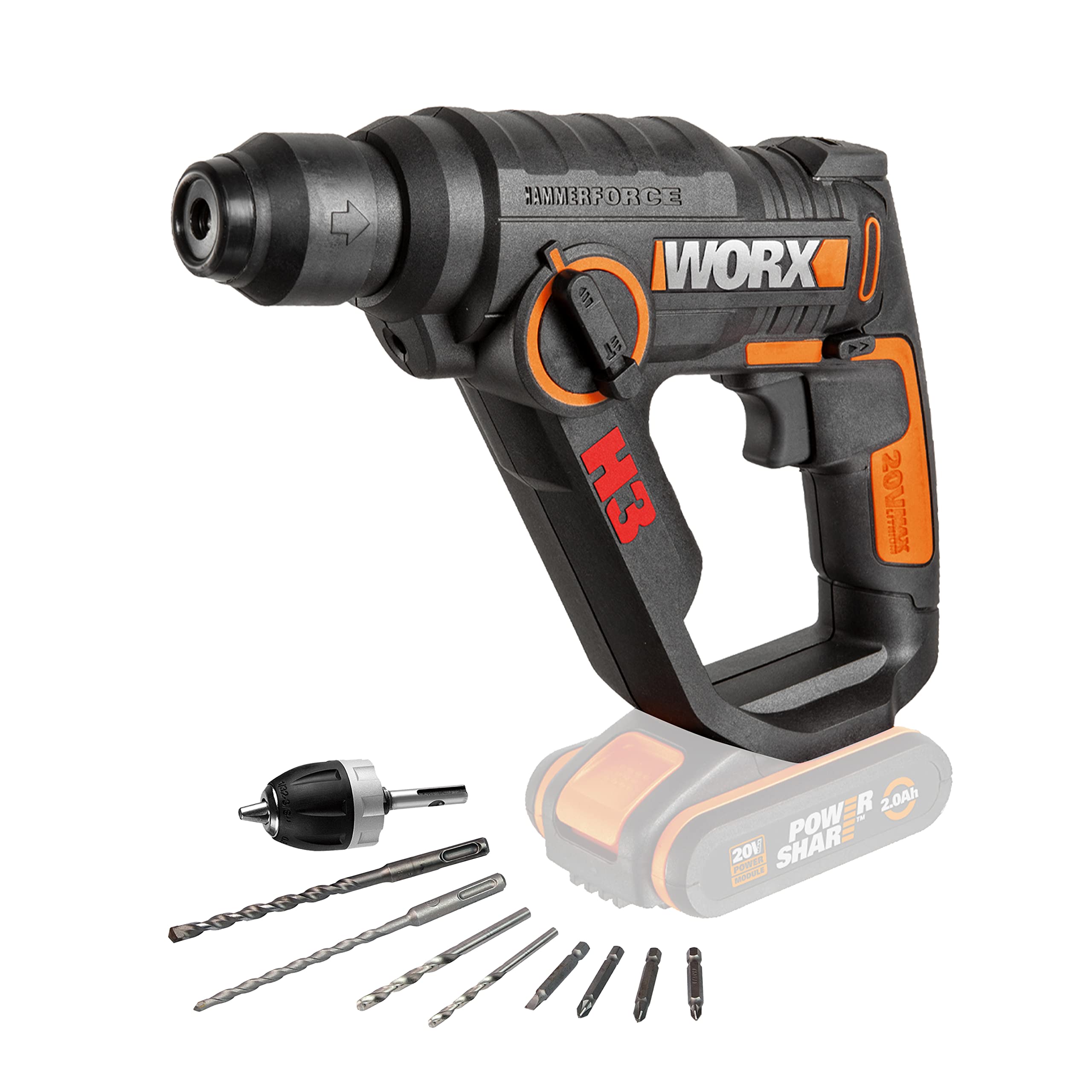 Worx Wx390.9 Martillo Perforador Sds Plus 20V Sin Batería, 1,2J, 3 Funciones, Velocidad Variable