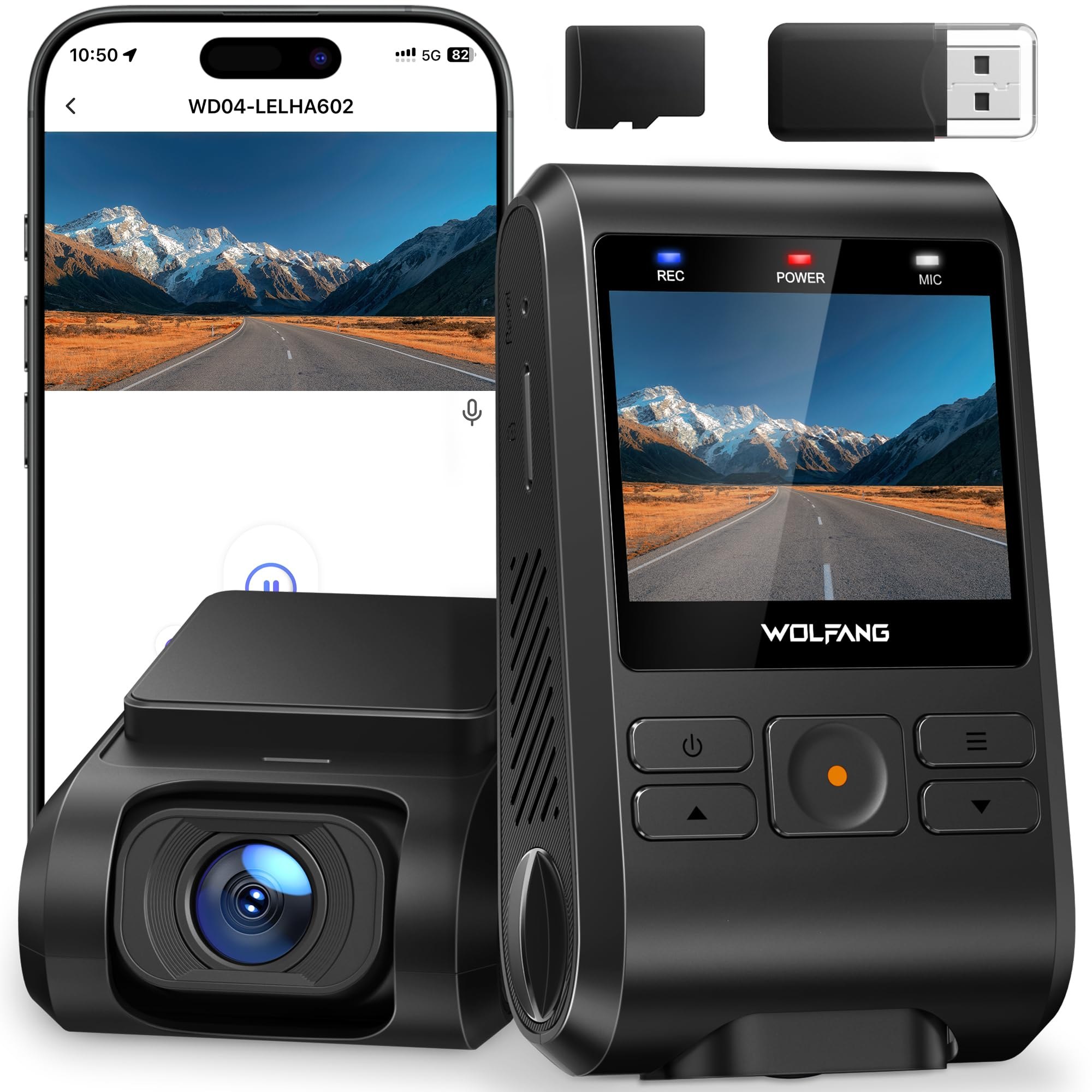 WOLFANG Cámara de Coche 2.5K FHD, Dashcam de Doble Lente para Coches de 170º Gran Angular Monit