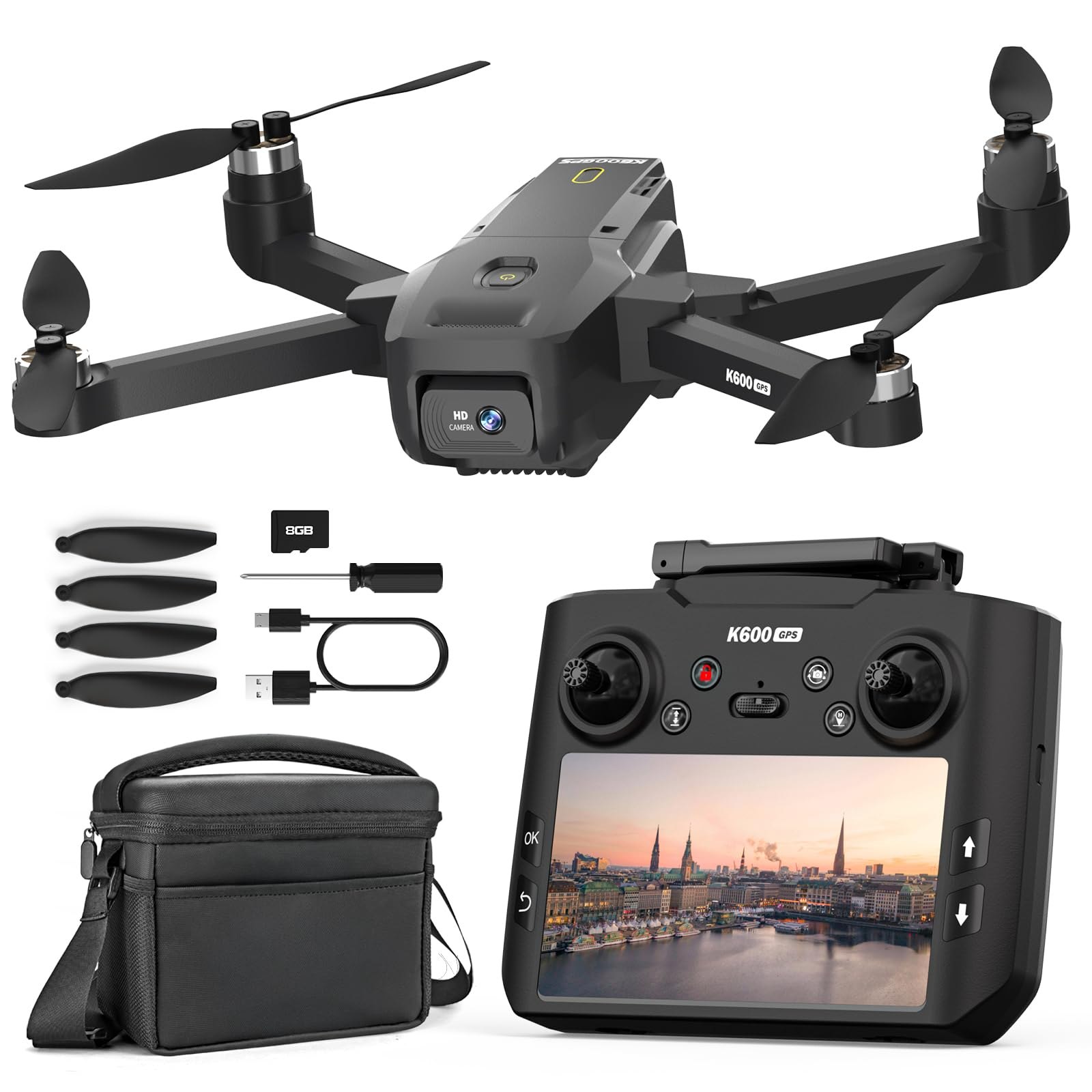 K600GPS Dron con Cámara 1080P, Pantalla FPV de 4.5", Regreso Automático, Sígueme, Motor sin Es