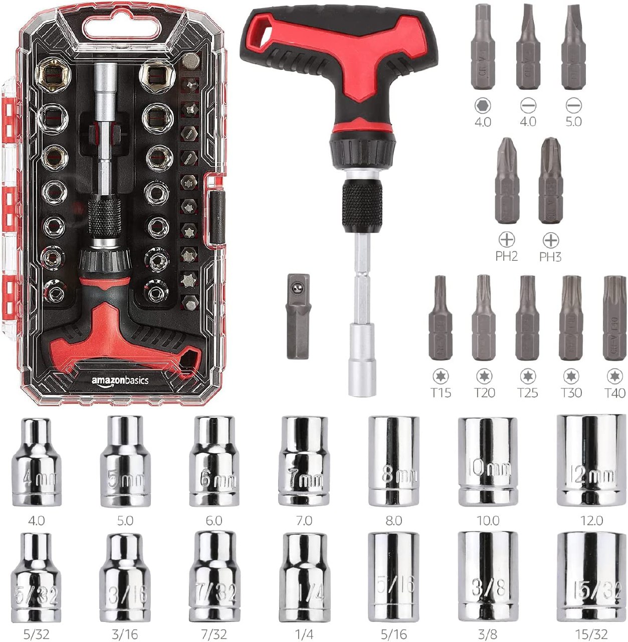 Amazon Basics Juego De Destornilladores De Trinquete De 27 Piezas, Mango Magnético En T, Ajustab