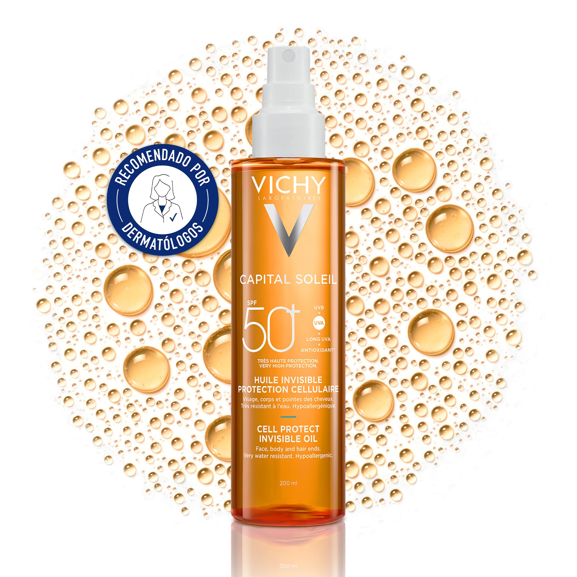 Vichy Aceite invisible Cell Protect, SPF 50+ Fotoprotector, Protege la piel del daño solar, Mejo
