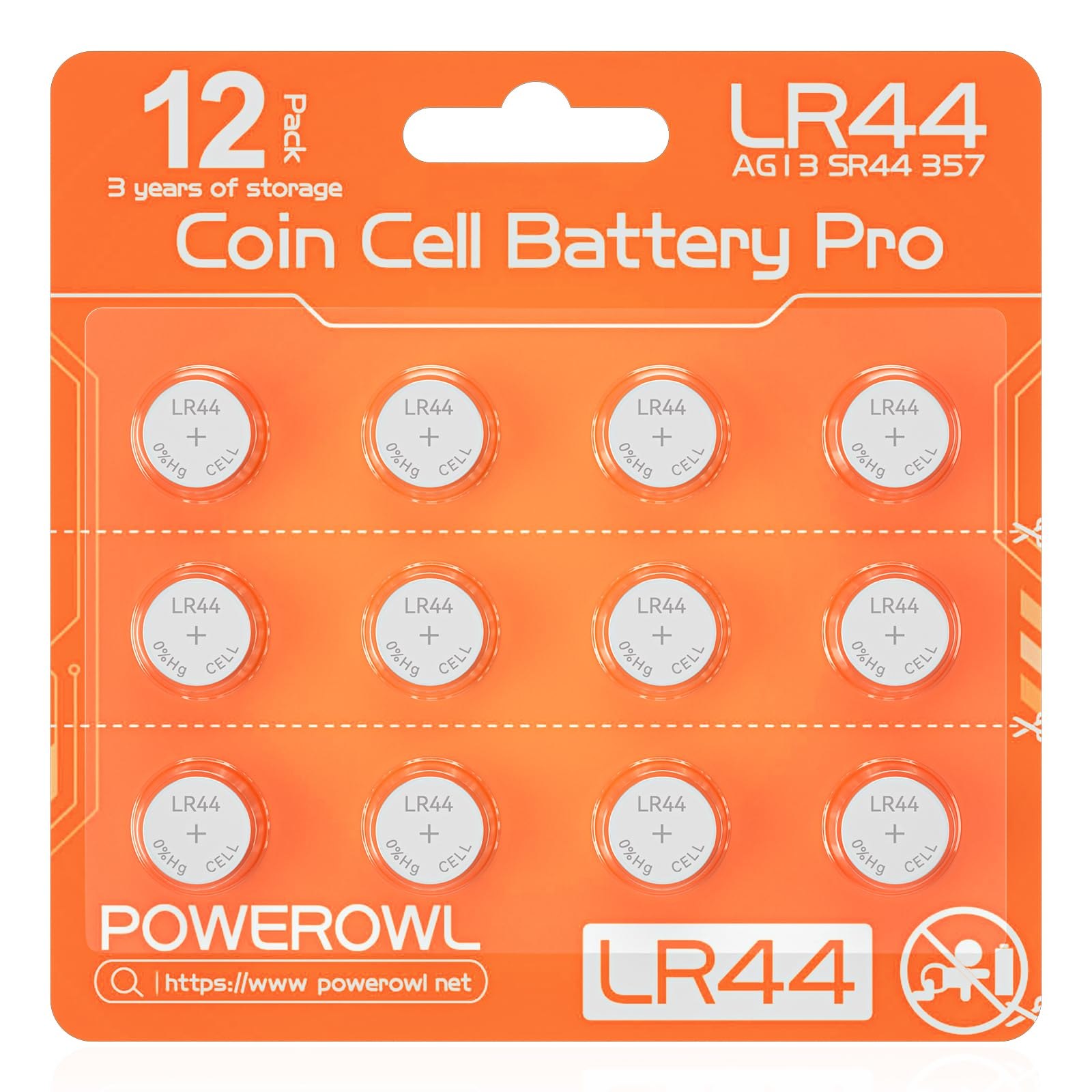LR44, POWEROWL Pilas de Botón LR44 1.5V Alcalina para Relojes, Calculadoras y Juguetes, Paquete