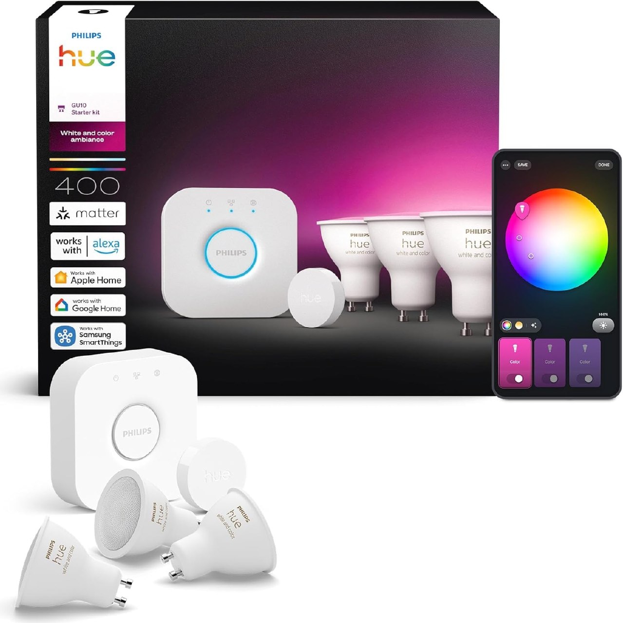 Philips Hue Kit Inicio Pro: Bridge, Smart button, 3 bombillas led inteligentes GU10, Luz Blanca y