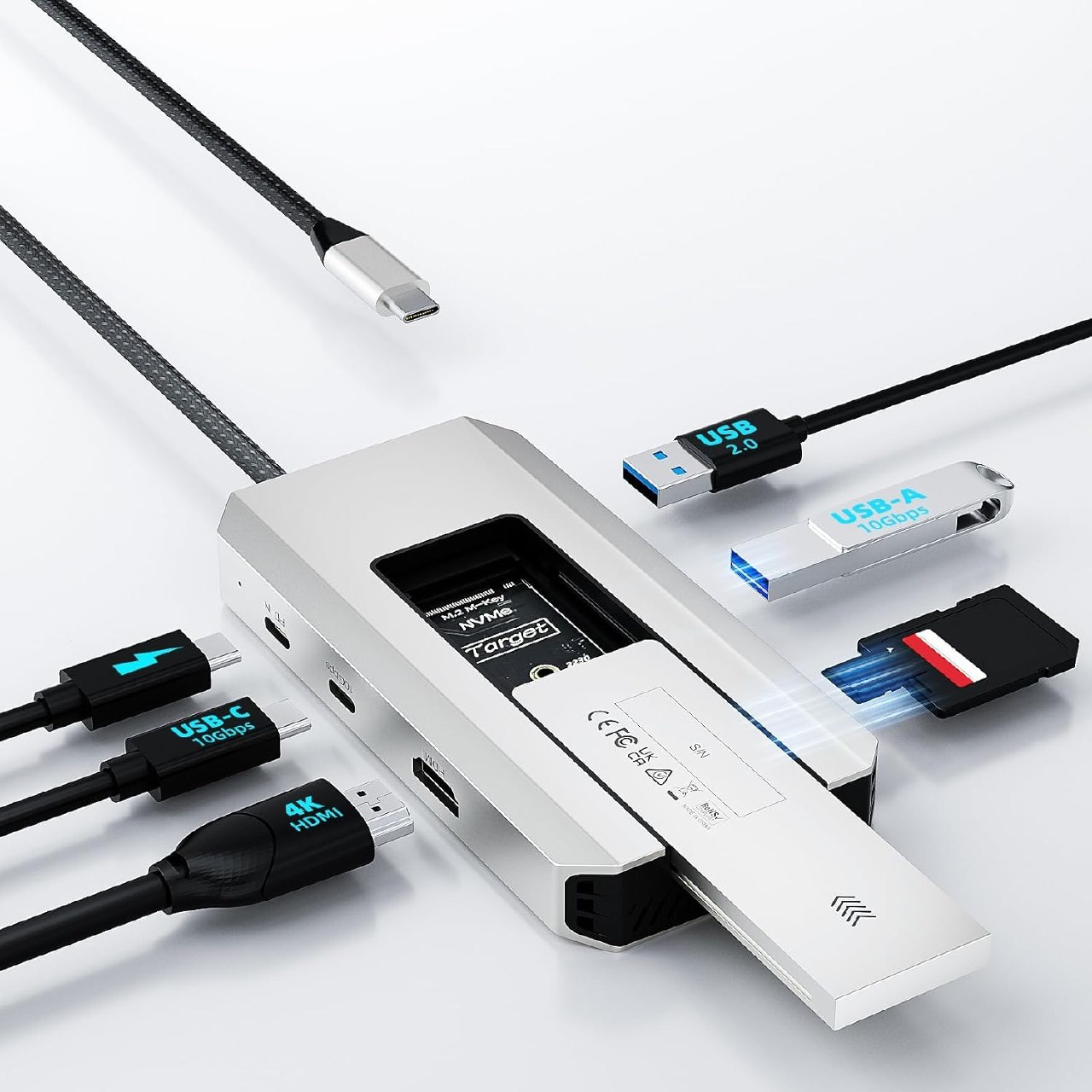 Wavlink 10 Gbps USB-C Hub Con M.2 Pcie/Sata SSD, Hdmi, 100 W-Pd, USB-A&C 3.2/2.0, SD&Tf, Compatib