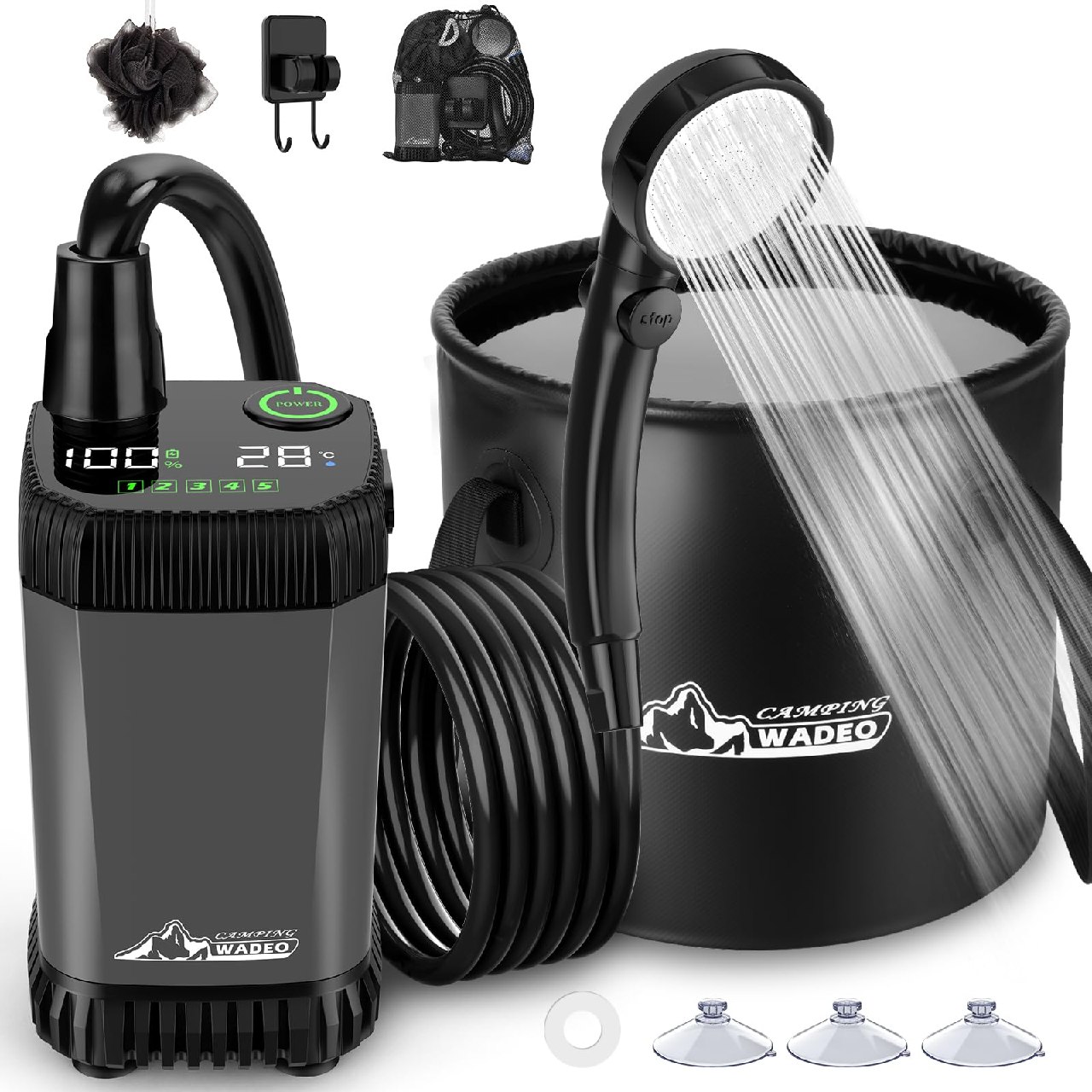 WADEO Ducha portátil para acampar, bomba de ducha recargable para acampar con depósito plegable