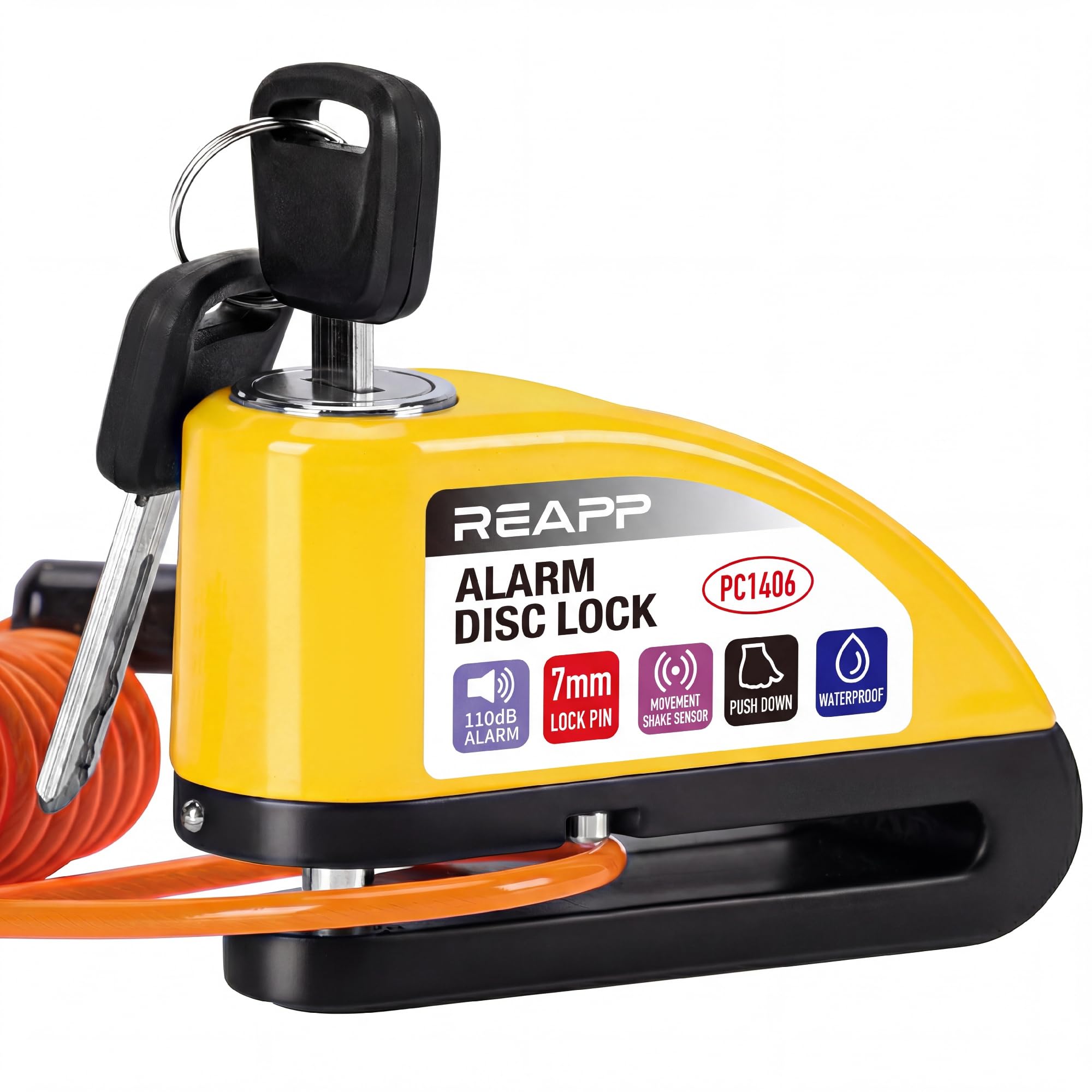 REAPP Candado Moto Disco con Alarma 110 DB, Antirrobo Moto Freno 7mm con Accesorios 1.5m Cable Re
