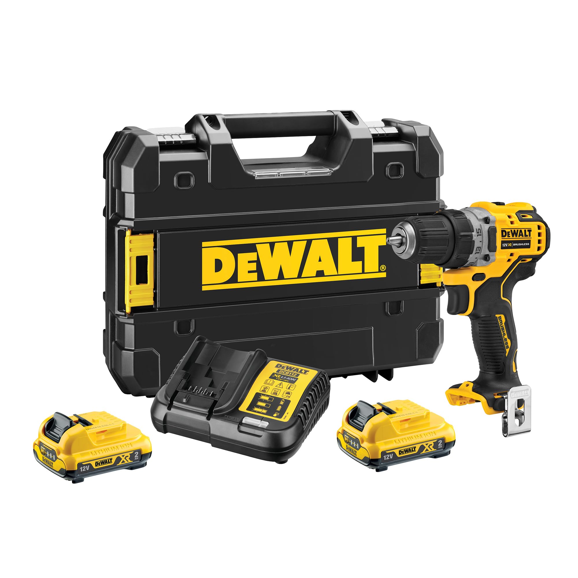 DEWALT Taladro atornillador sin escobillas XR 12V con 2 baterías XR Li-Ion de 2 Ah y cargador +