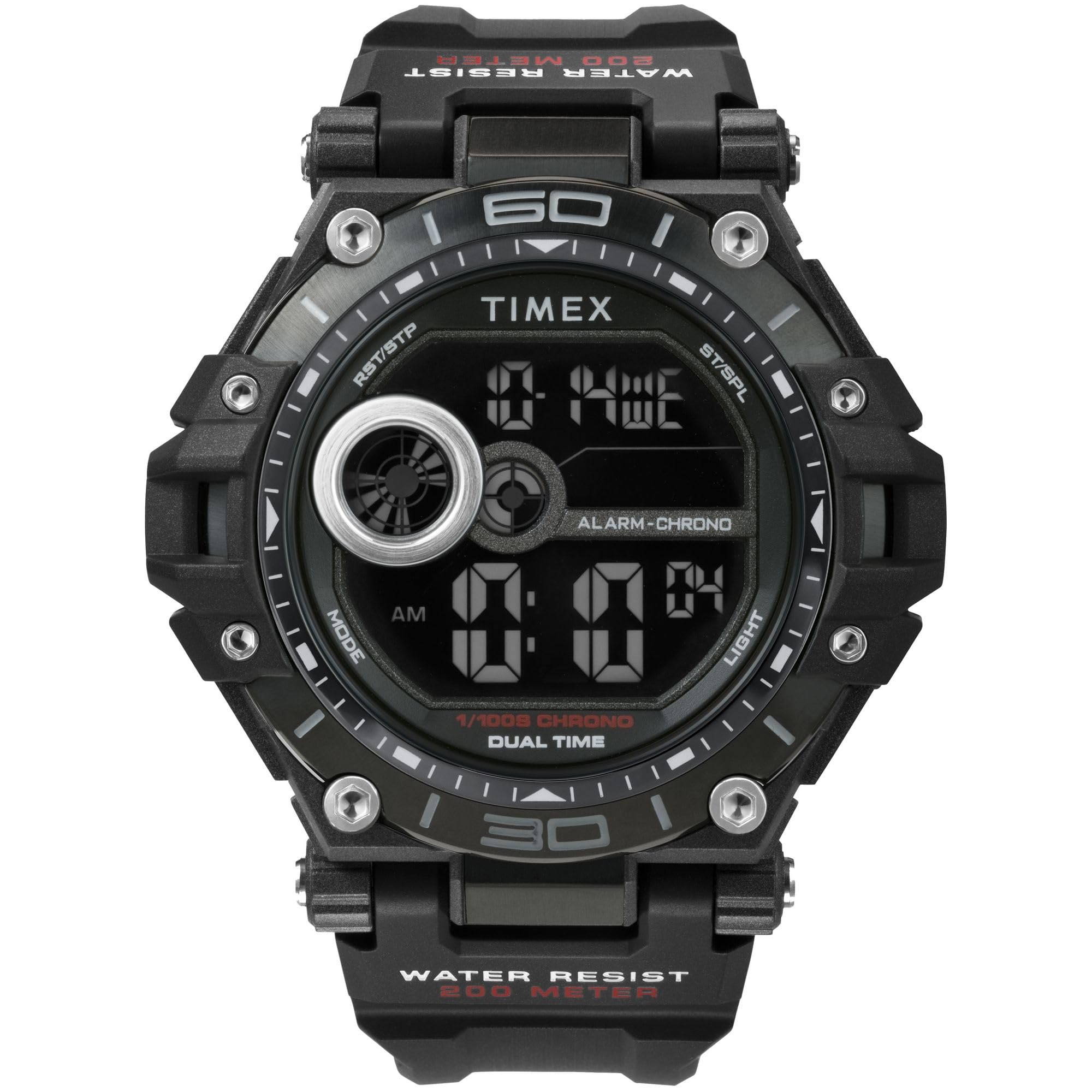 Timex Sport - Reloj de 52 mm para Hombre, Correa de Resina Negra, Esfera Digital, Caja Negra TW5M