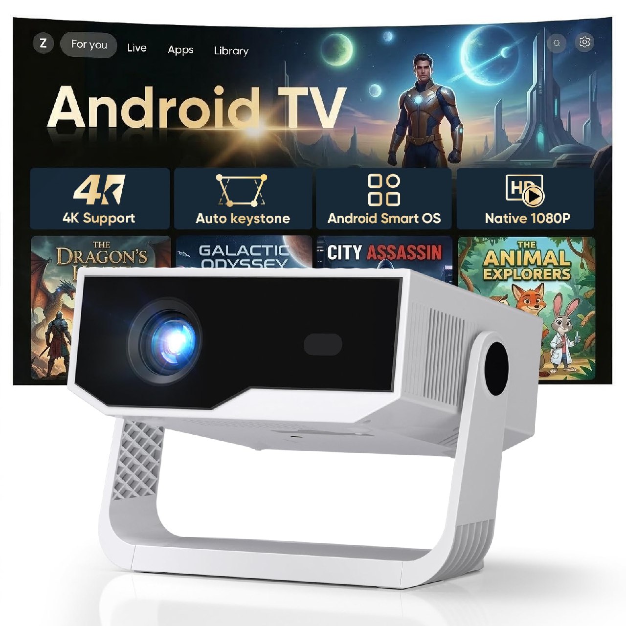 [Apps integradas & 2026 Upgraded] Proyector 4K Portátil,1080P Nativo, Android TV, WiFi6 Bluetoot