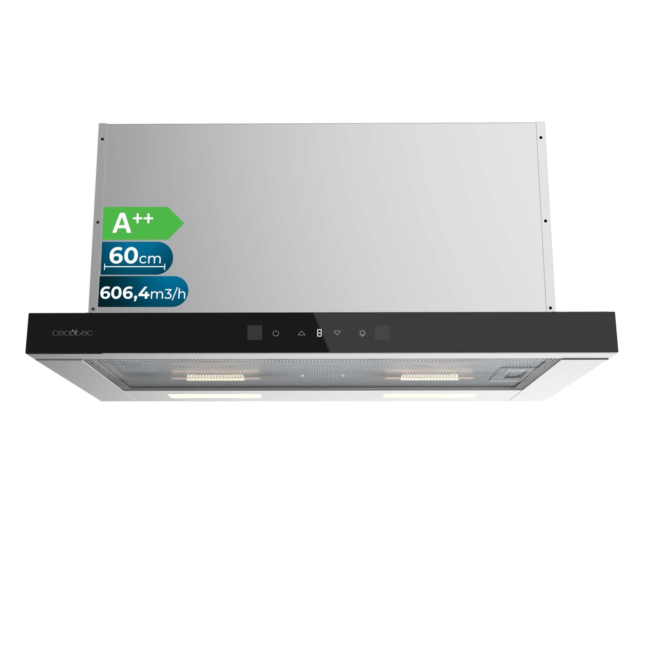 Cecotec Campana Extractora Telescópica Bolero Flux TLT 605501 Glass Black A++. 60cm, 606,4m³/h