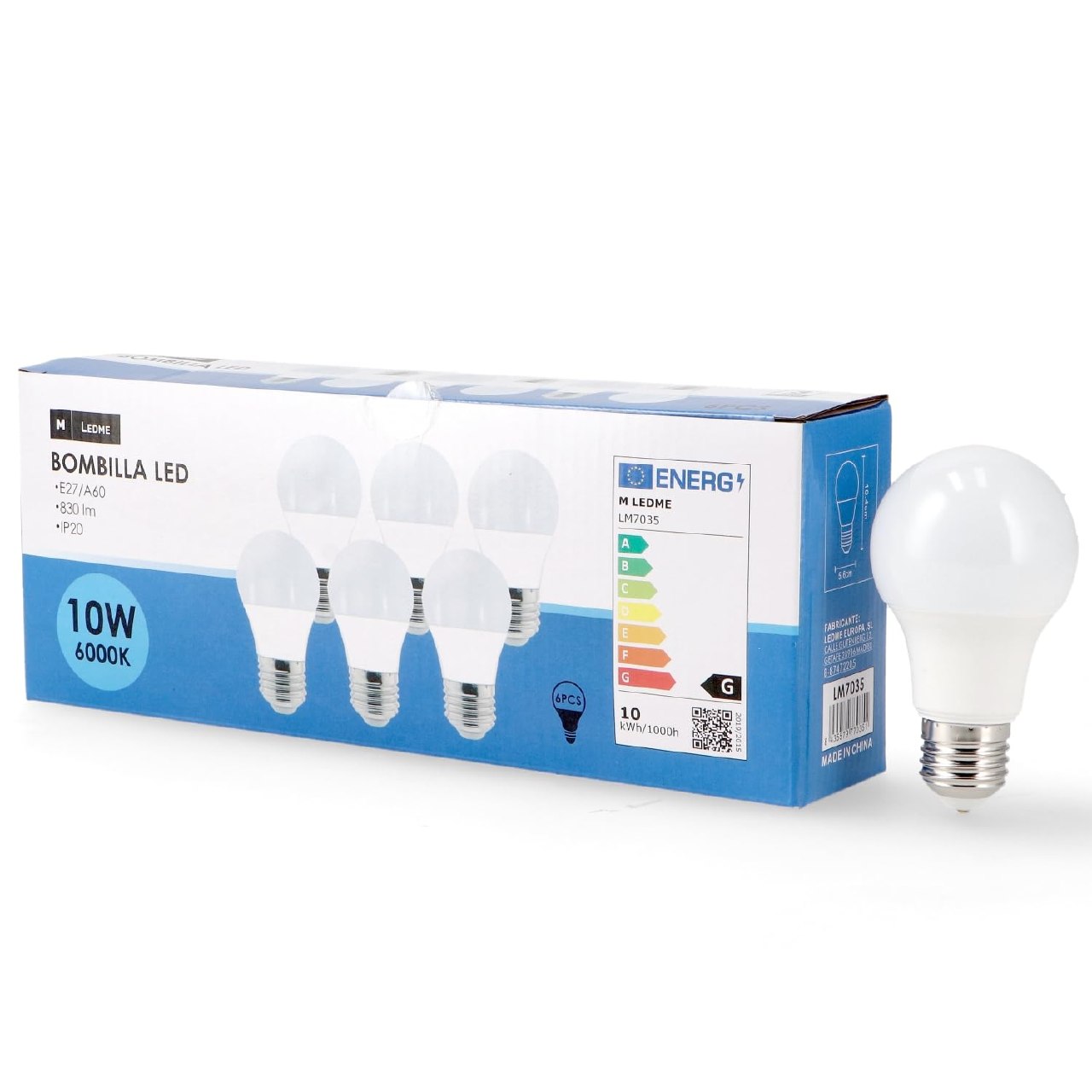 M Ledme - Pack 6, Bombilla Led E27 A60 10W, Luz fría (6000k), casquillo E27, 820 Lumen, IP20, Ap
