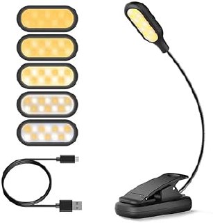 Luz de lectura, 14 LED, 5 Colores de luz, Atenuacion de 4 niveles, Sin Luz Azul, Pinza, 360 Brazo