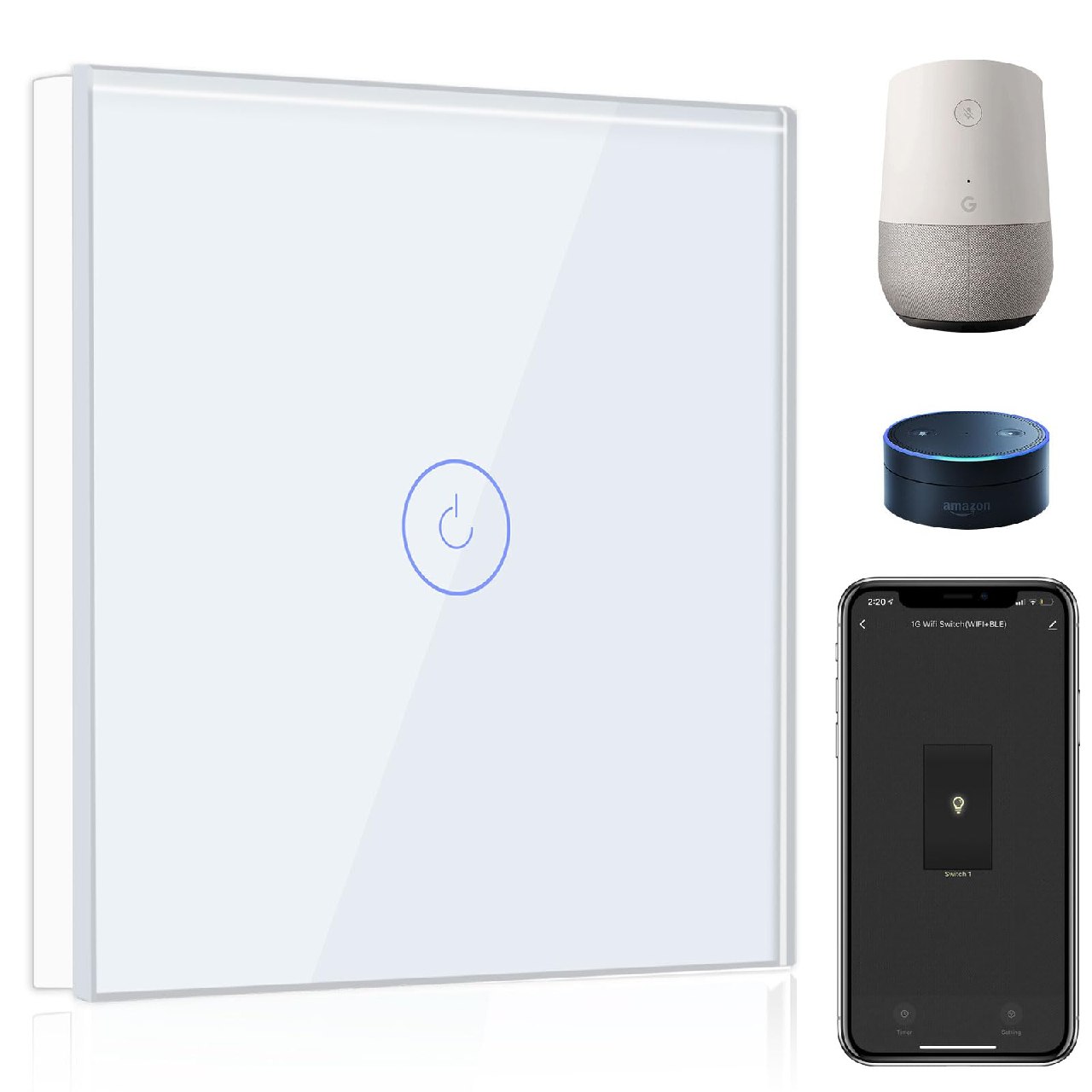 BSEED Interruptor de Pared WiFi,Interruptor Inteligente 1 Gang 1 Vía con Pantalla Táctil Blanco