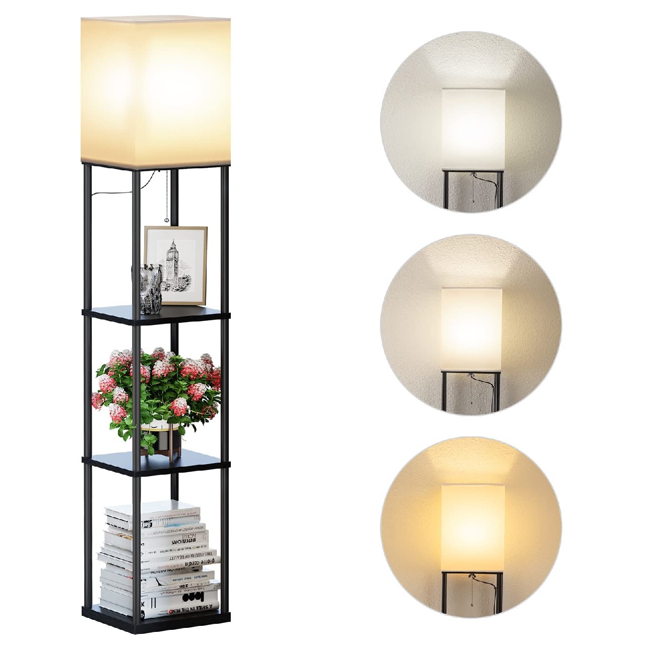SUNMORY Lampara de Pie, Temperatura de 3 Colores, Lámpara con Estantes con Bombilla LED, Lampara