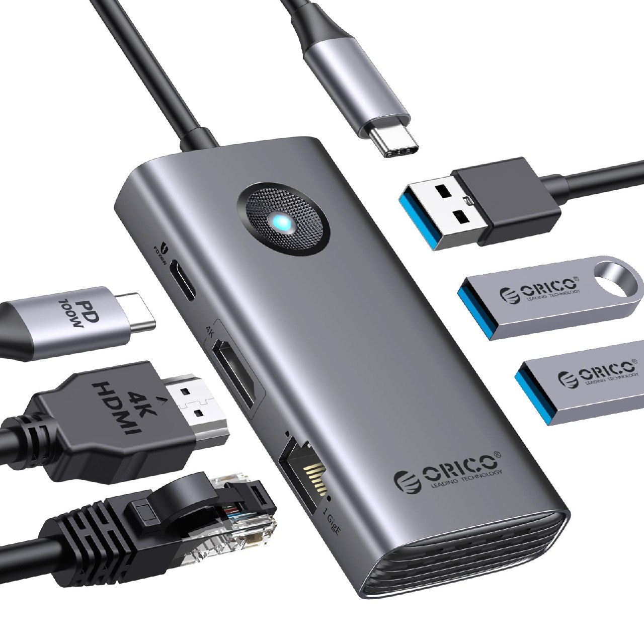 ORICO Docking Station, 6 EN 1 Hub USB C con HDMI 4K+ PD100W + 3 Puertos USB 3.0+Ethernet, Multipu