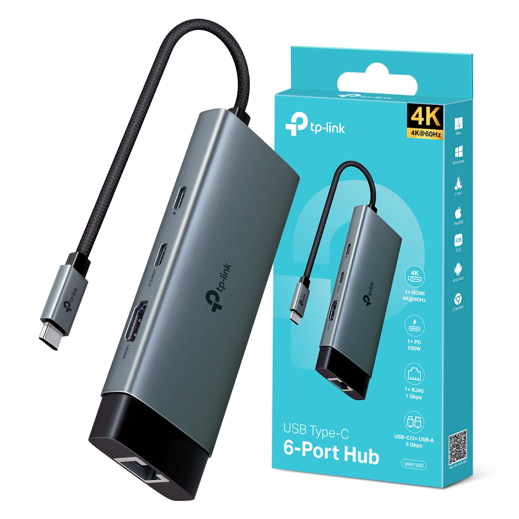 TP-Link UH6120C Hub USB 3.0 UH6120C, 6 Puertos USB y 2 Puertos de Carga Tipo-C, Velocidad de Tran