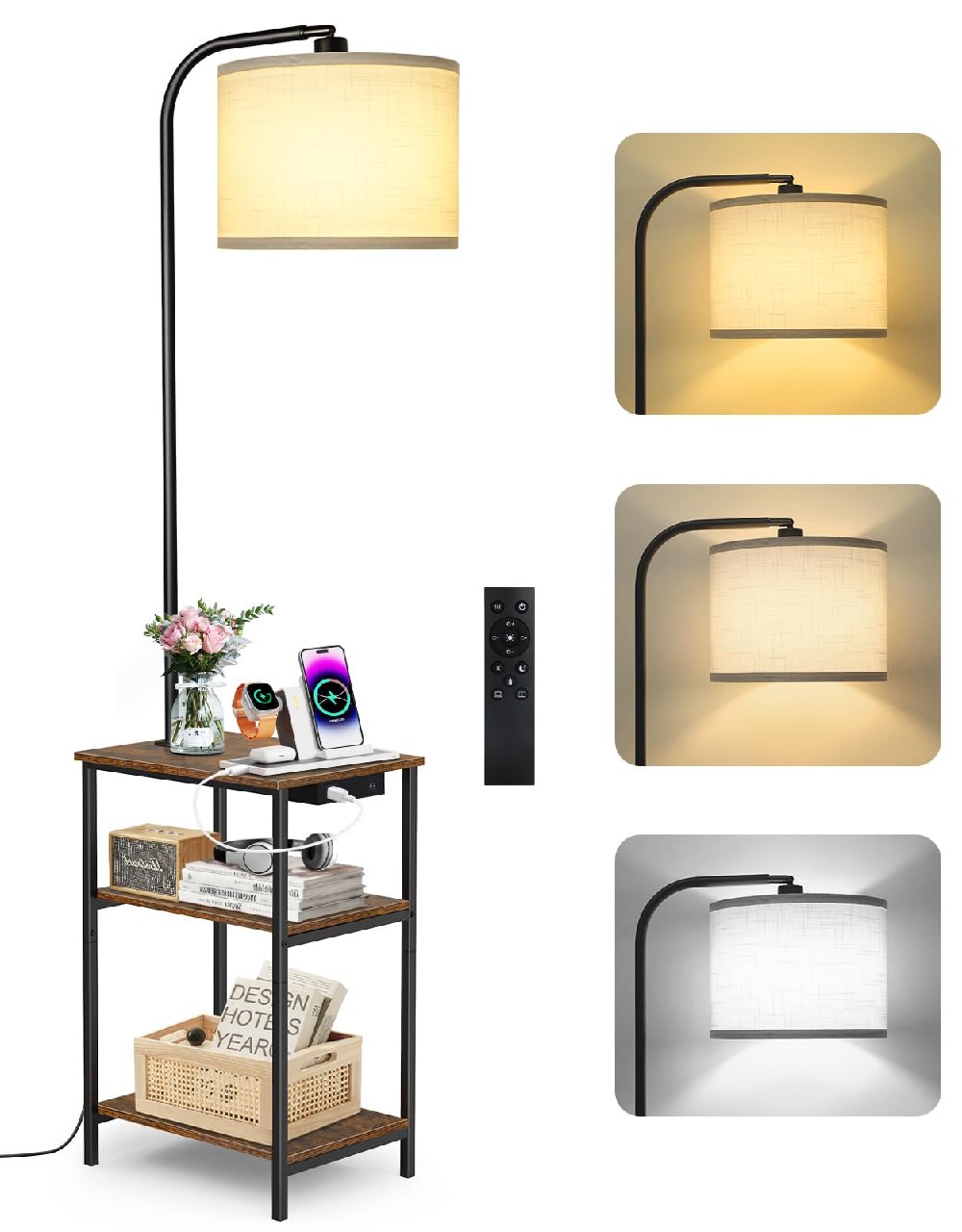 OUTONLIFE Lámpara de Pie con Mesa y Estante, LED Regulable con Mando, 3 Temperaturas de Color, M