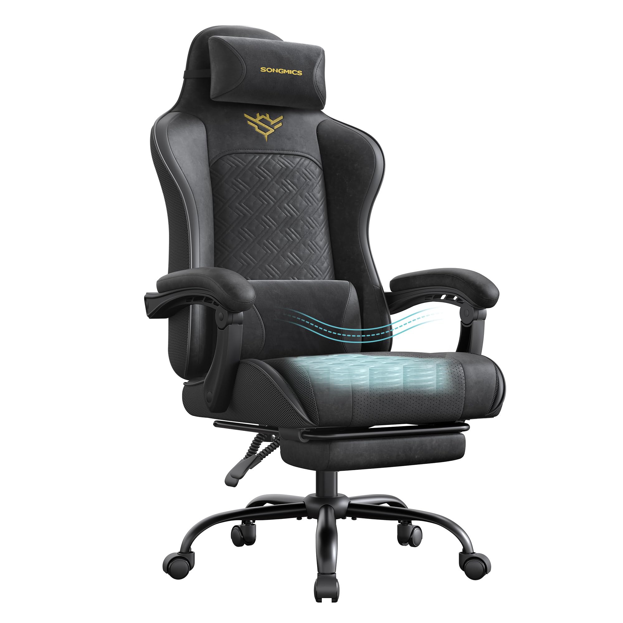 SONGMICS Silla Gaming, Silla Ergonómica de Escritorio, con Resortes, Reposapiés y Reposabrazos