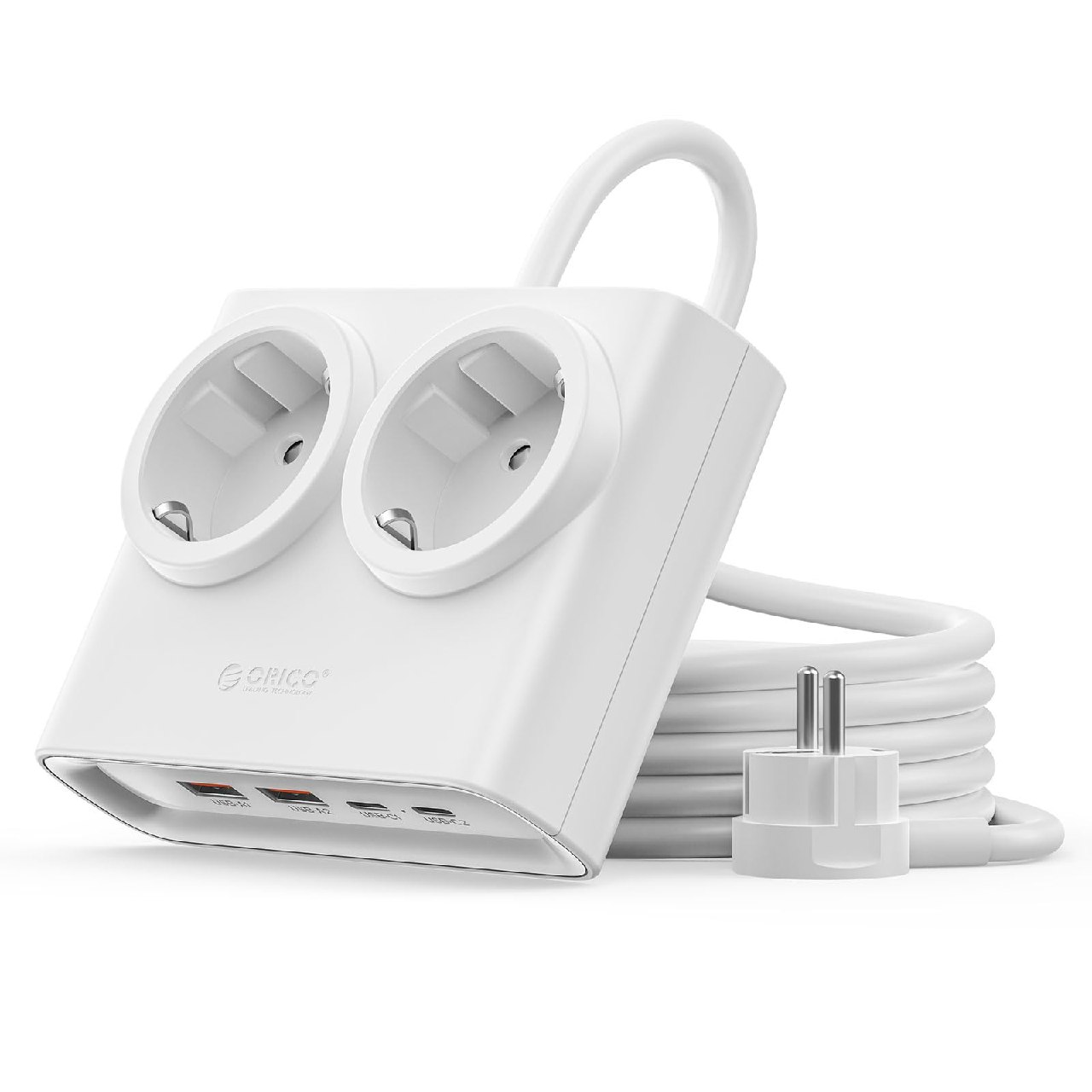 ORICO Regleta Enchufes Plana PowerBrick GAN 25W, 2 Tomas AC y 4 USB, Blanco