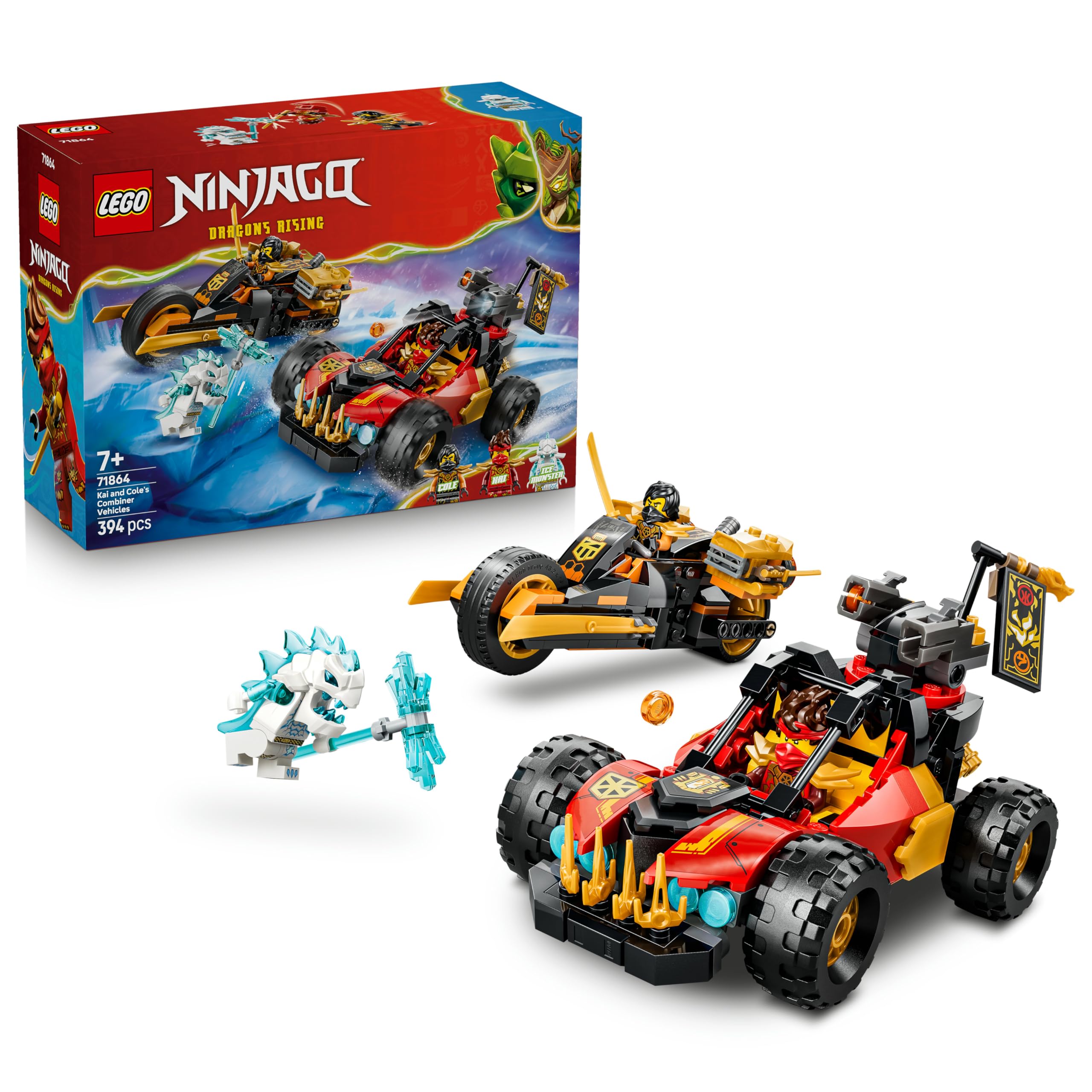 LEGO Ninjago Vehículos Combinables de Kai y Cole – Coche y Moto de Juguete, 3 Minifiguras Inc