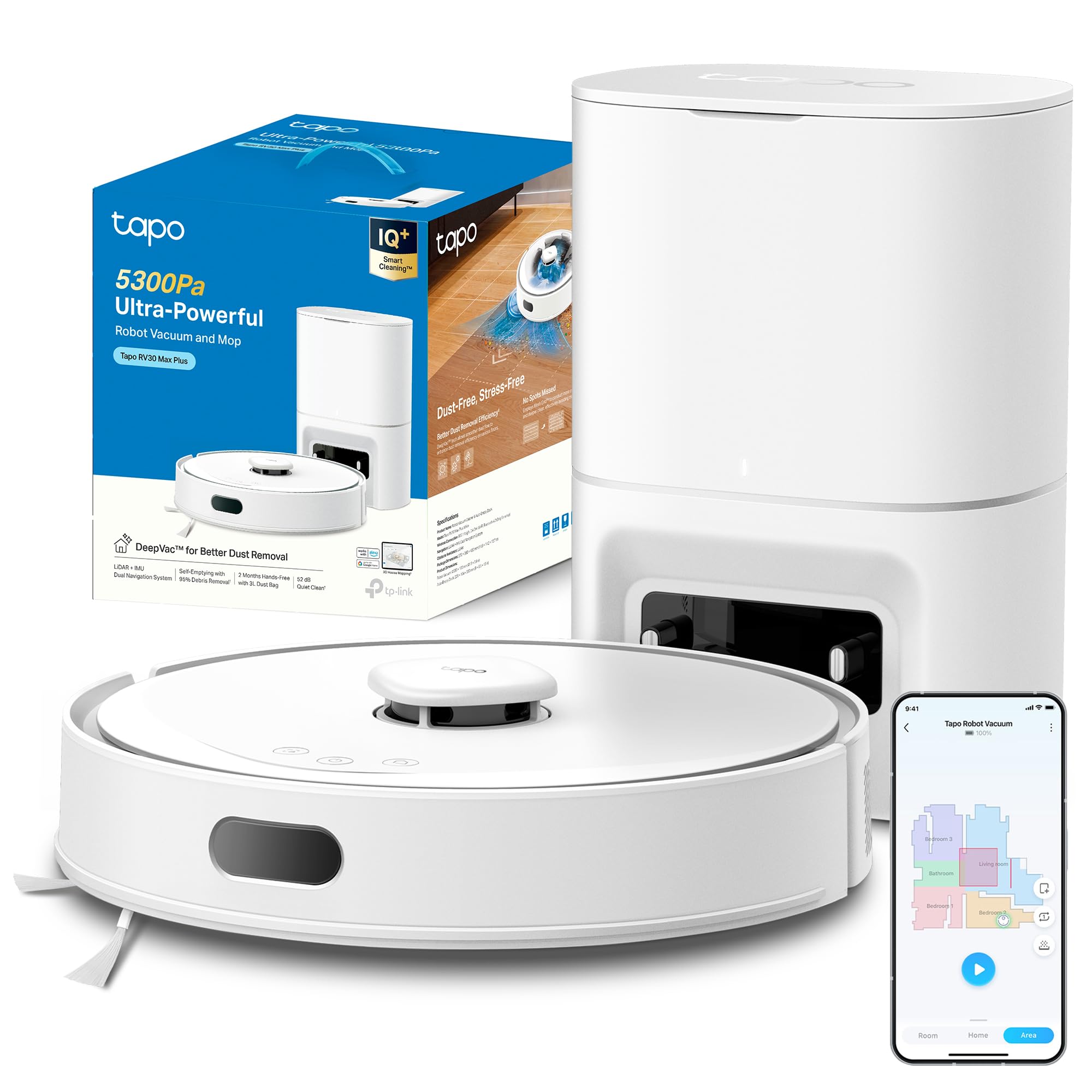 Tapo RV30 MAX Plus - Robot Aspirador 5300Pa, Base de Autovaciado, Navegación Láser LiDAR y Mape