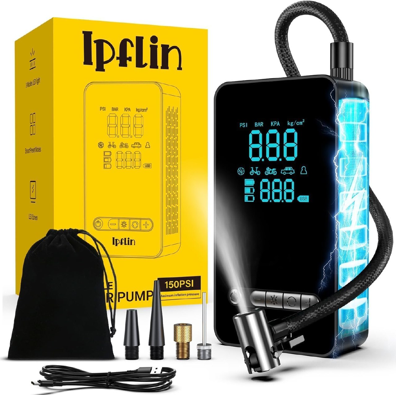 Ipflin Inflador Ruedas Coche - Compresor Aire Portatil 150PSI con Linterna y Batería Recargable