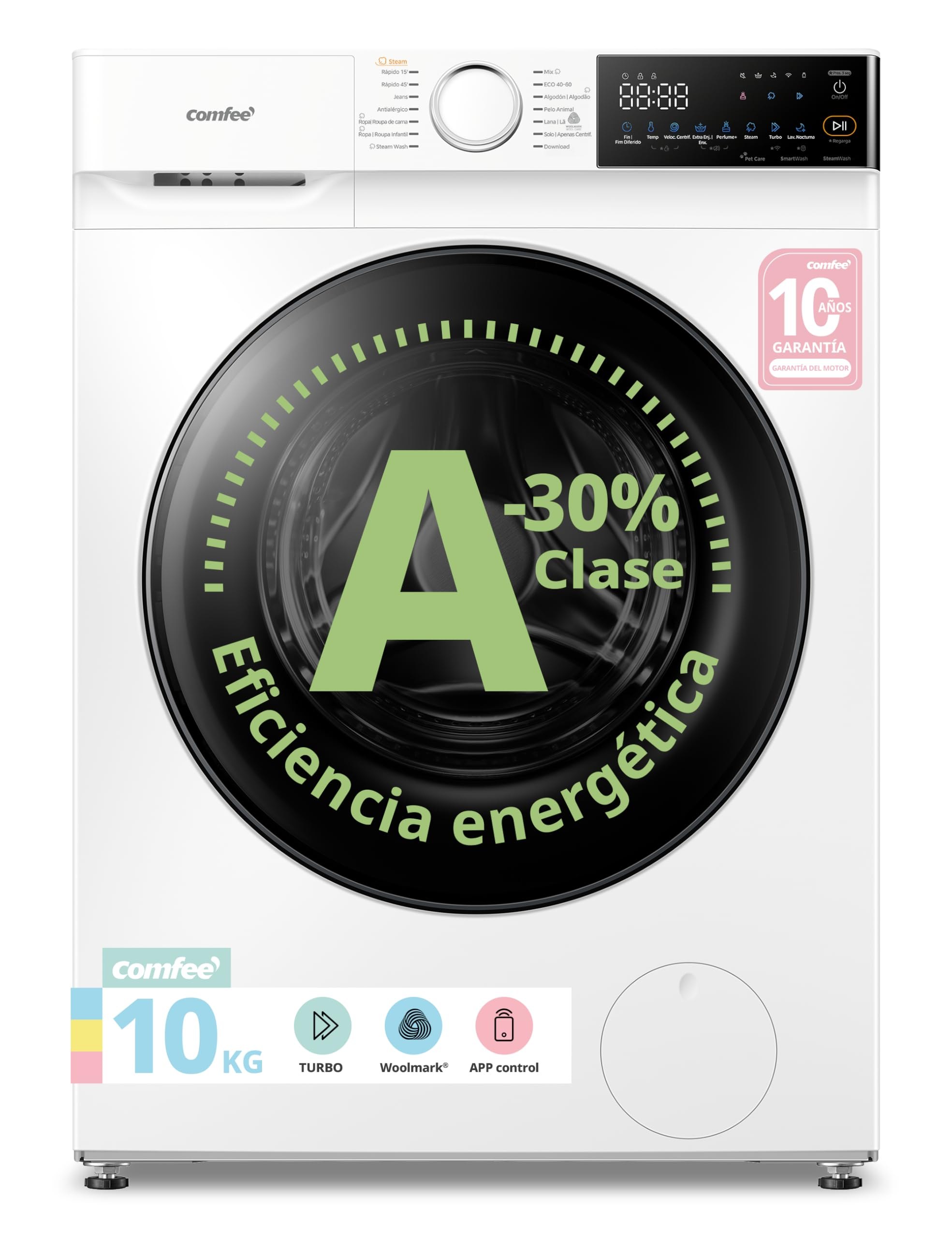 COMFEE' Lavadora 10KG Clase A-30% 1400RPM Smart wash Blanco CF10EWP07W