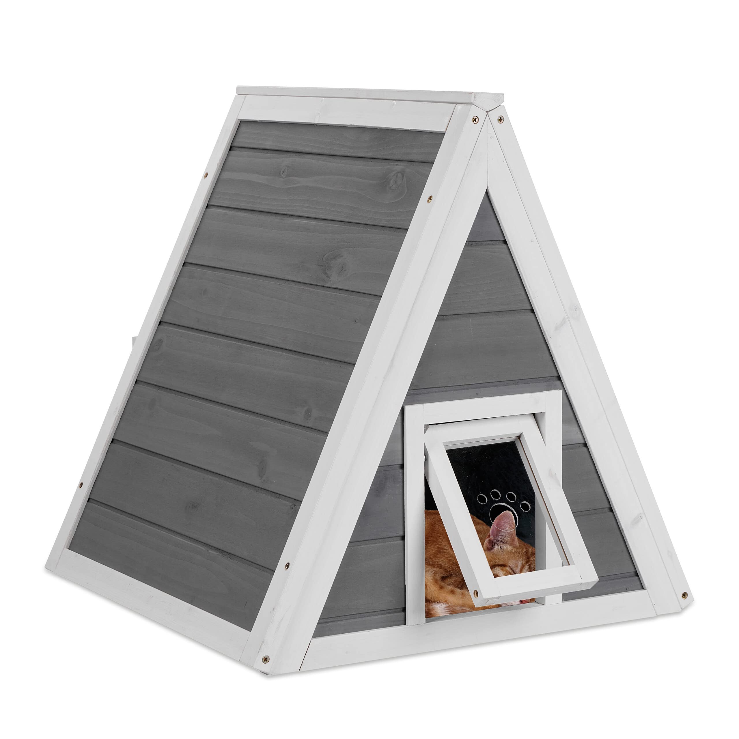 Relaxdays Casa Gatos, Casita Mascotas Madera, para Exterior, 54 x 52 x 64 cm, 2 Entradas, Techo P