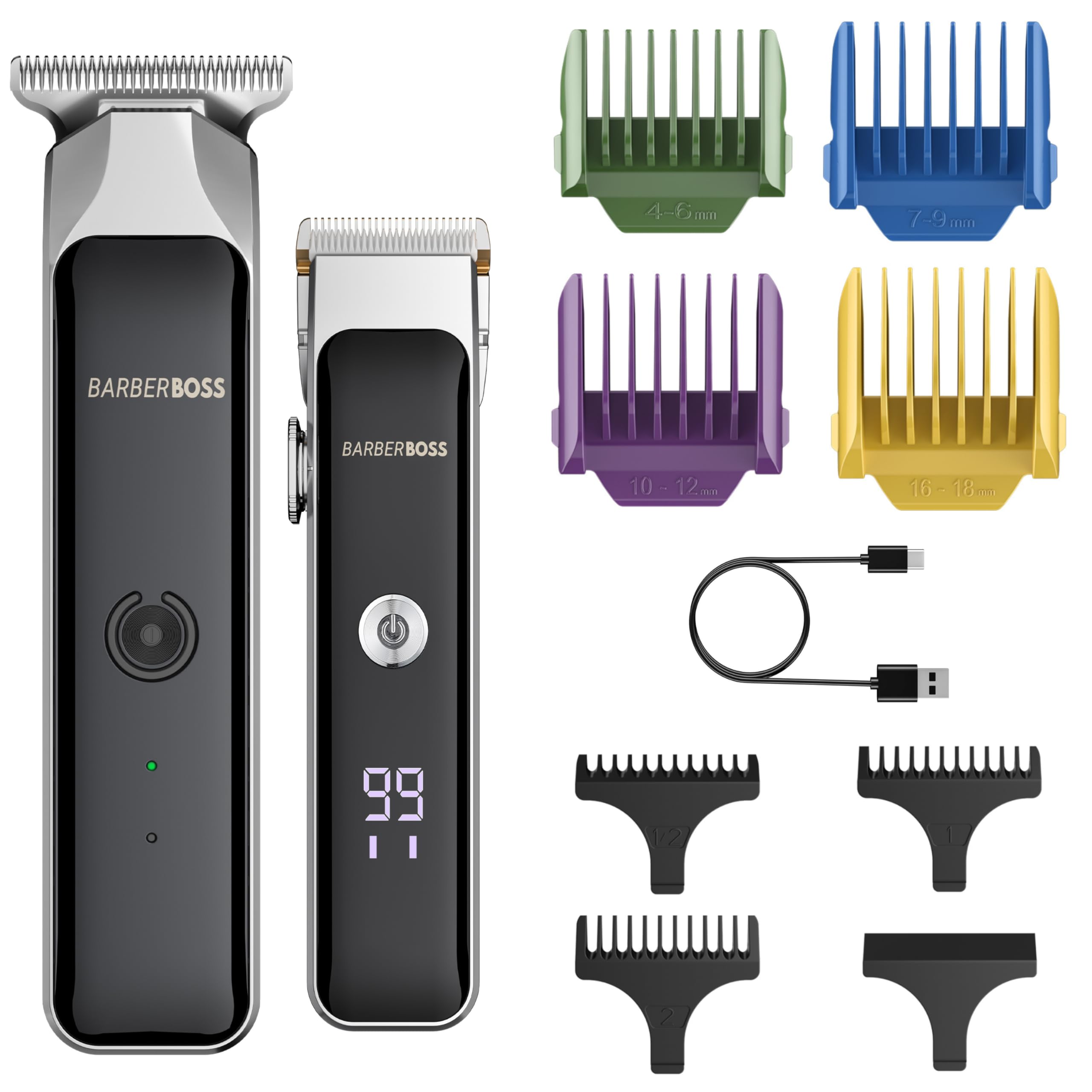 Barberboss Kit de recortadora de pelo para hombre, peluqueros inalámbricos para barba con 7 pein