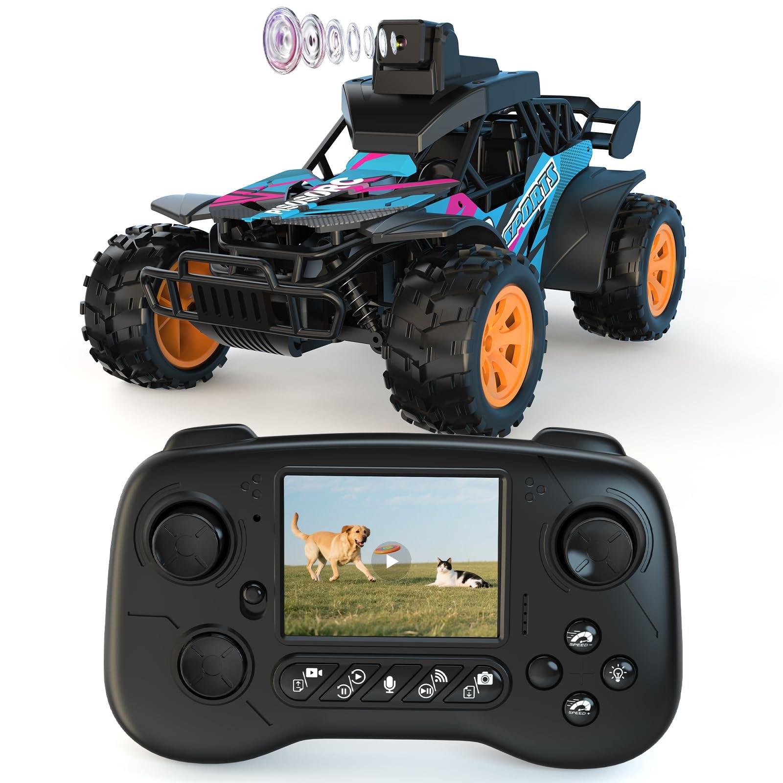 pisosorc Coche RC con Cámara, 2.4GHz con Pantalla LCD de 2.8" y Cámara Ajustable de 60°, Video